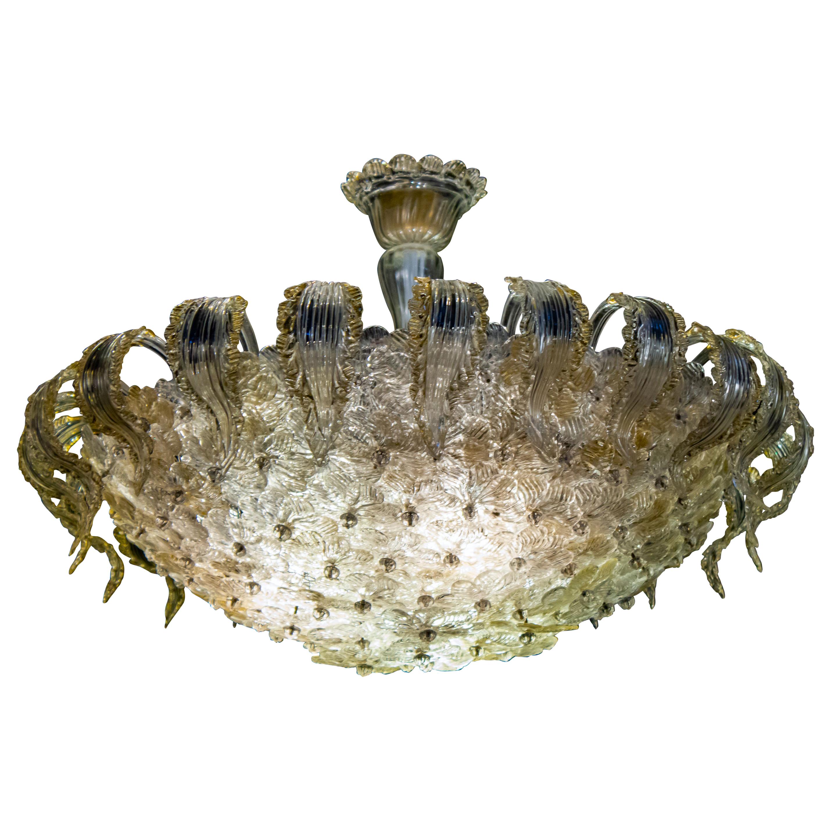 Venetian Gold and Ice Flower Glass Chandelier by Barovier e Toso, 1950