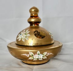 Venetian Gold Enamel Murano Glass BonBonier with Lid  A lovely mid century piece