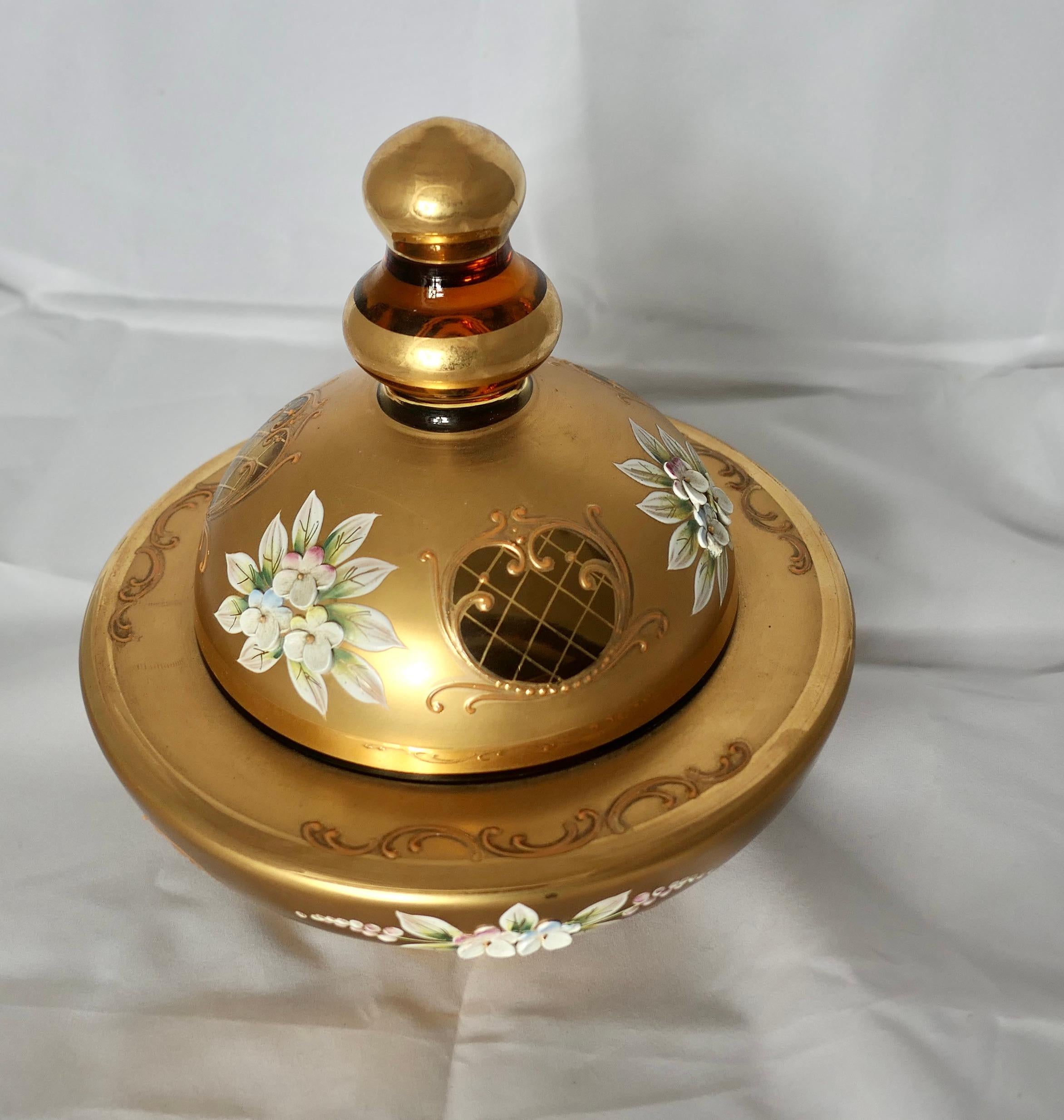 Vienna Secession Venetian Gold Enamel Murano Glass BonBonier with Lid  A lovely mid century piece For Sale