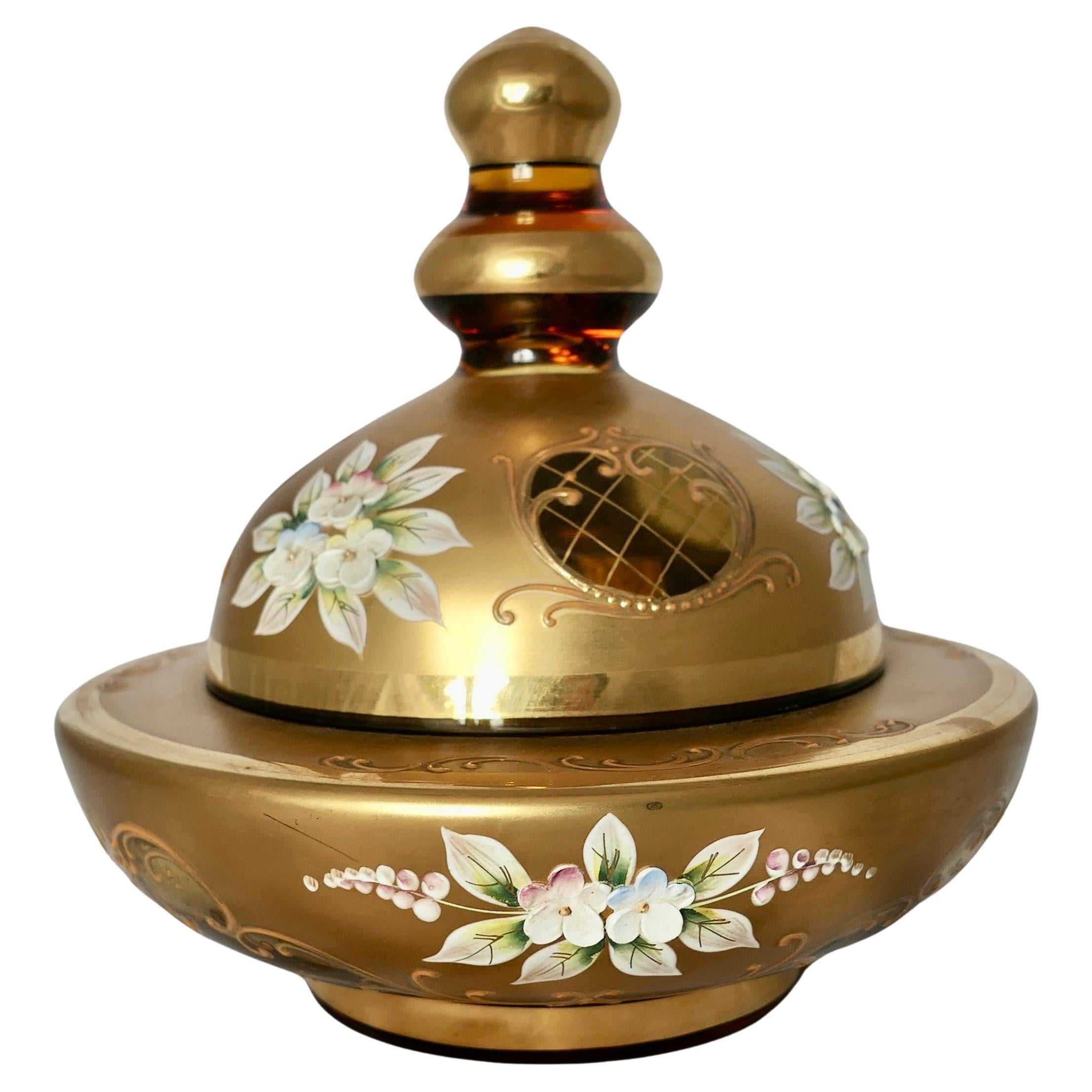 Venetian Gold Enamel Murano Glass BonBonier with Lid  A lovely mid century piece For Sale