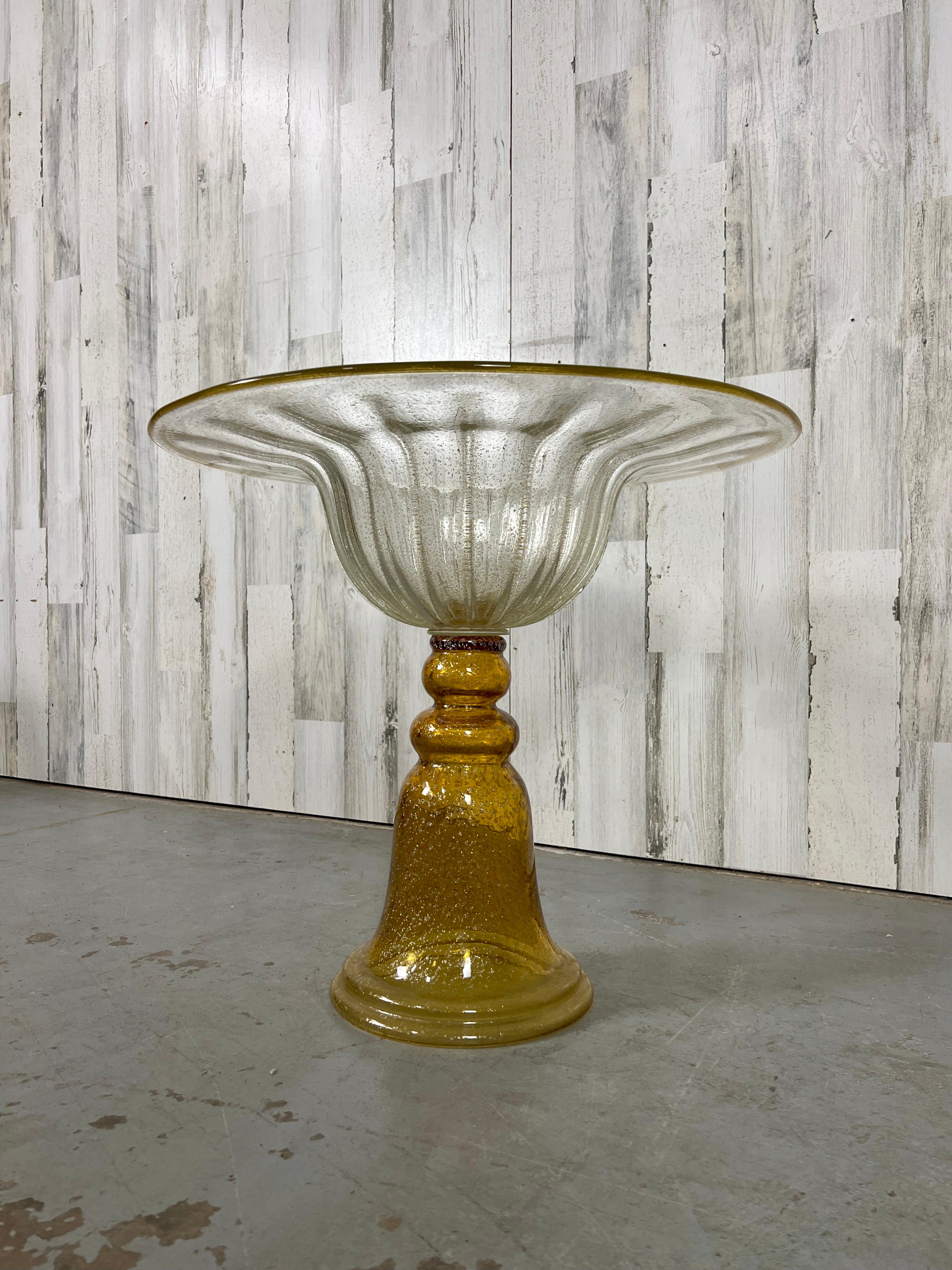 Murano style gold and silver fleck bowl with sculpted pedestal, Comes with glass top so that you can use as a table .