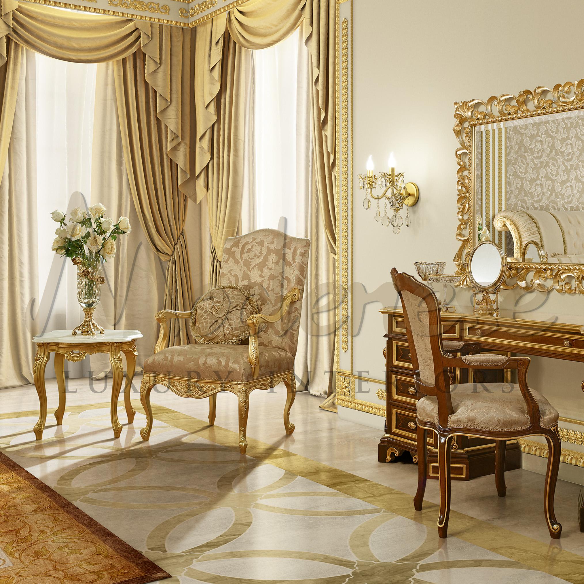 Adding a sophisticate touch to your room with a golden beige armchair decorated with gold leaf finishes. Elegantly wrapped with our own design of damask upholstered fabric. Outstanding on the golden frame and cabriole legs handcrafted in everystep