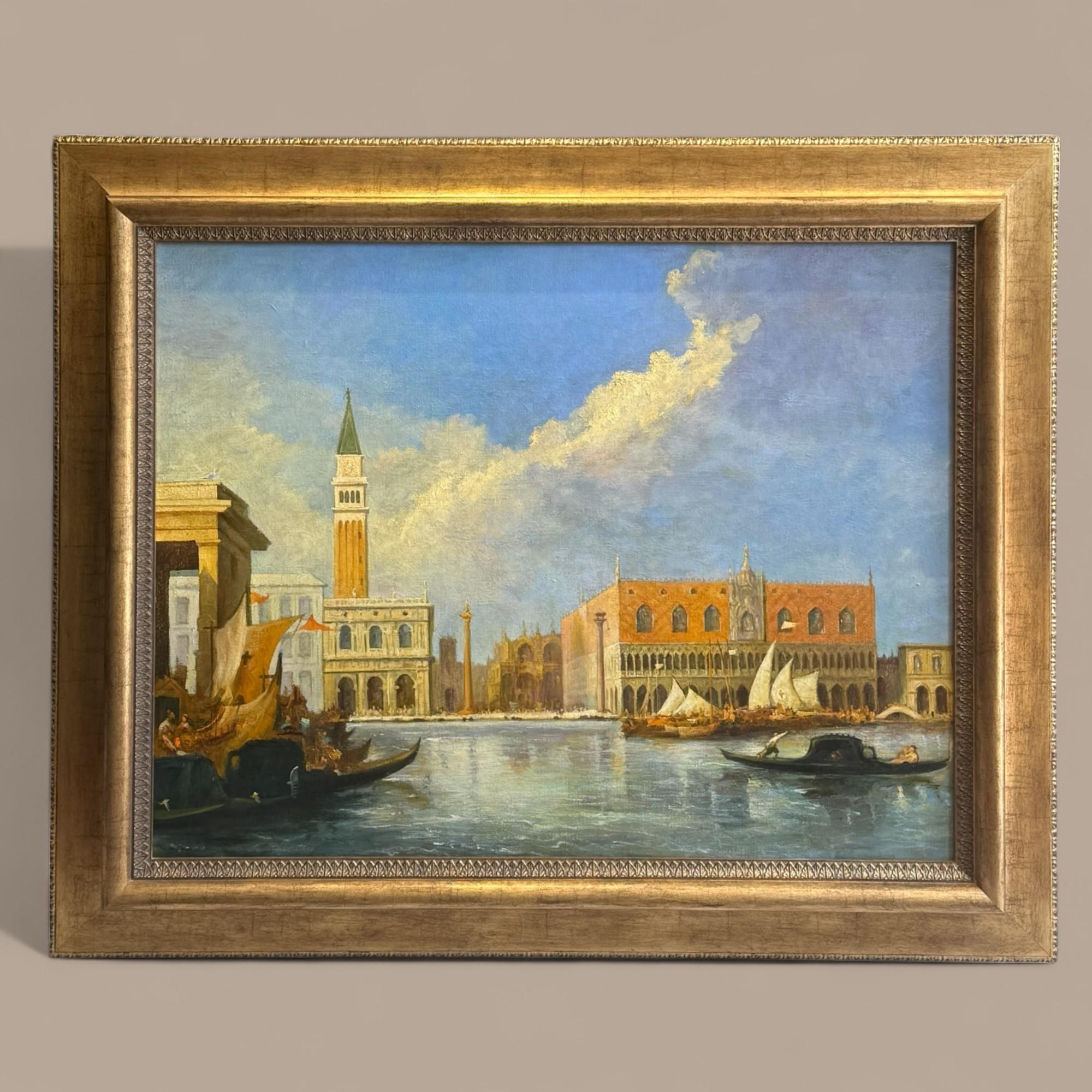 Majestic peinture à l'huile de grand format, capturant toute la splendeur du Grand Canal de Venise sous un ciel vaste et lumineux, avec une vue panoramique du Palais des Doges et du Campanile de San Marco. Les gondoles et les voiliers animent la