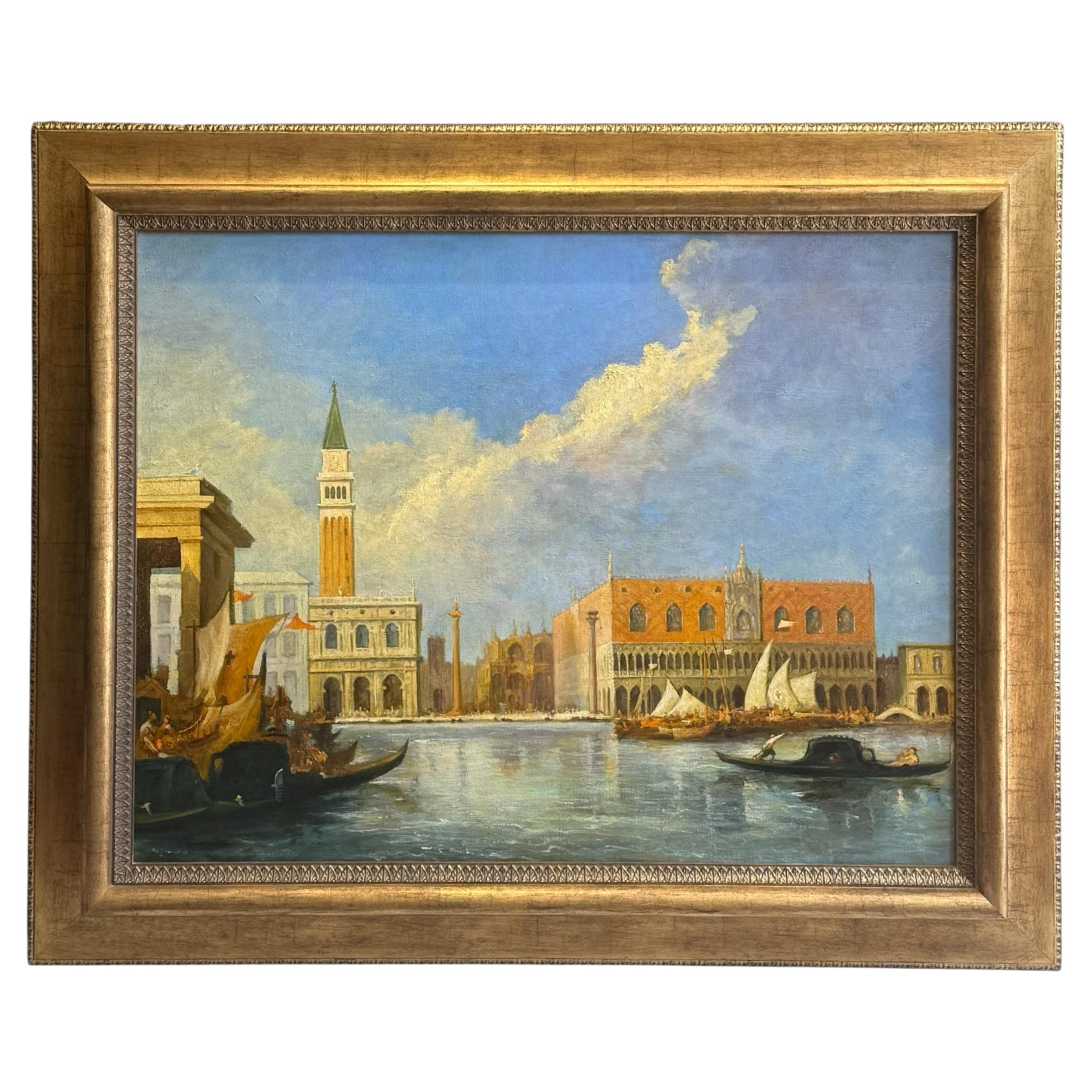 Scène du Grand Canal de Venise - Peinture à l'huile sur toile encadrée, 19e siècle