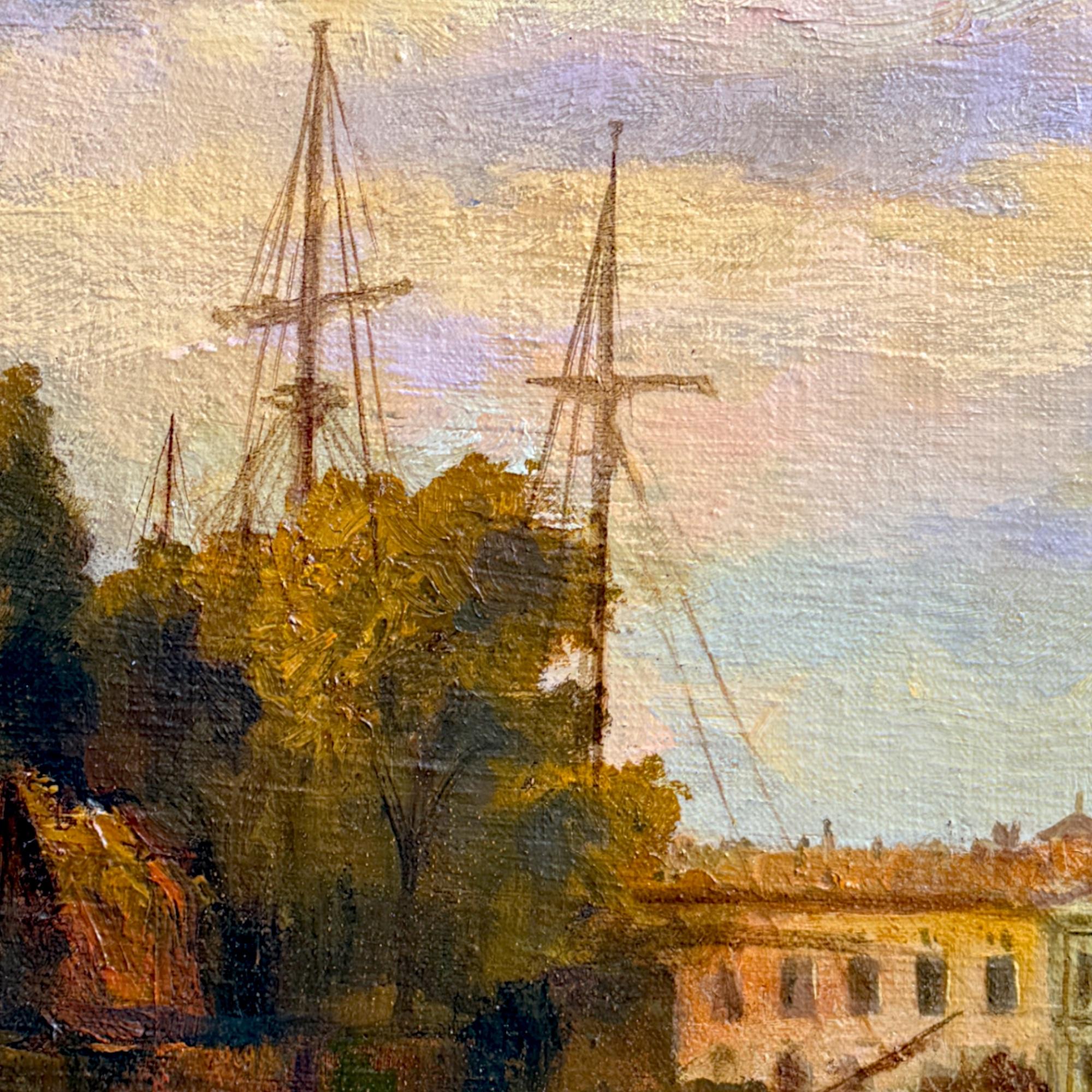 Venetian Grand Canal Sonnenuntergang Szene - Gerahmte Ölgemälde auf Leinwand, 19. (Napoleon III.) im Angebot
