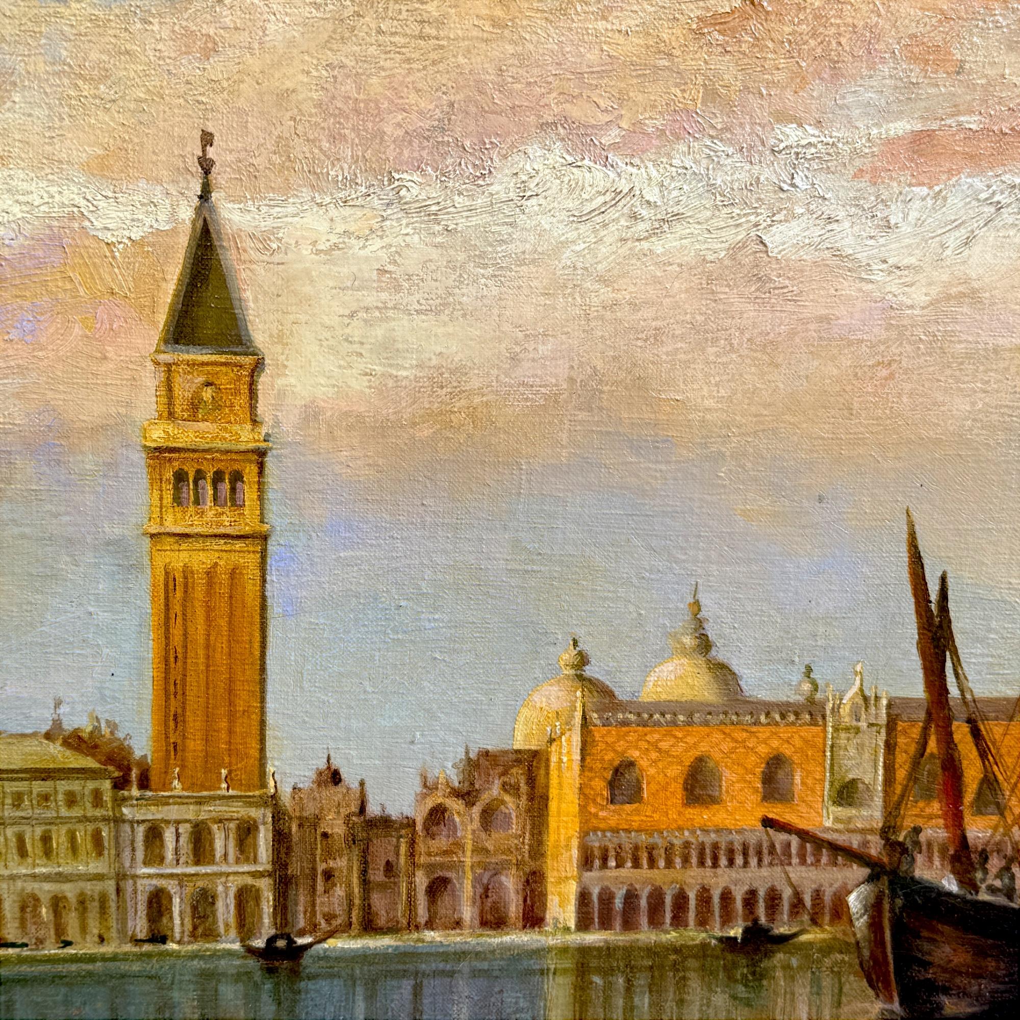Venetian Grand Canal Sonnenuntergang Szene - Gerahmte Ölgemälde auf Leinwand, 19. (Italienisch) im Angebot