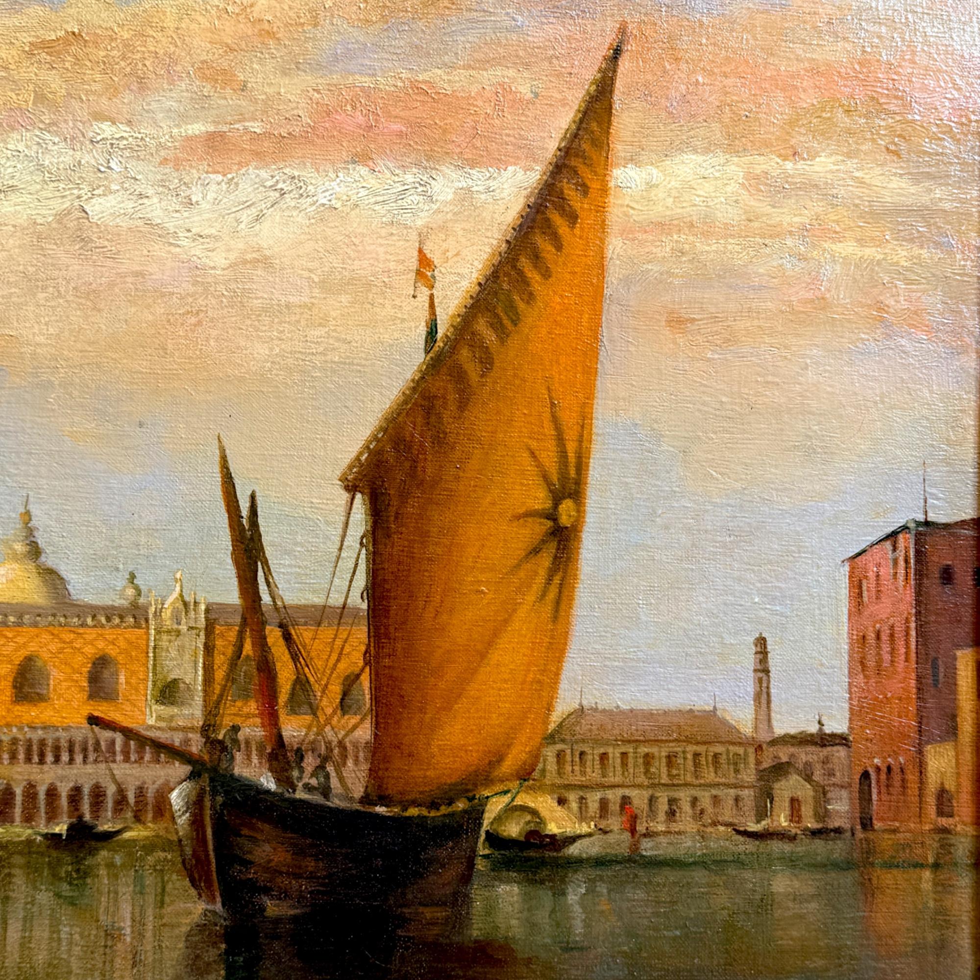 Venetian Grand Canal Sonnenuntergang Szene - Gerahmte Ölgemälde auf Leinwand, 19. im Zustand „Gut“ im Angebot in NICE, FR