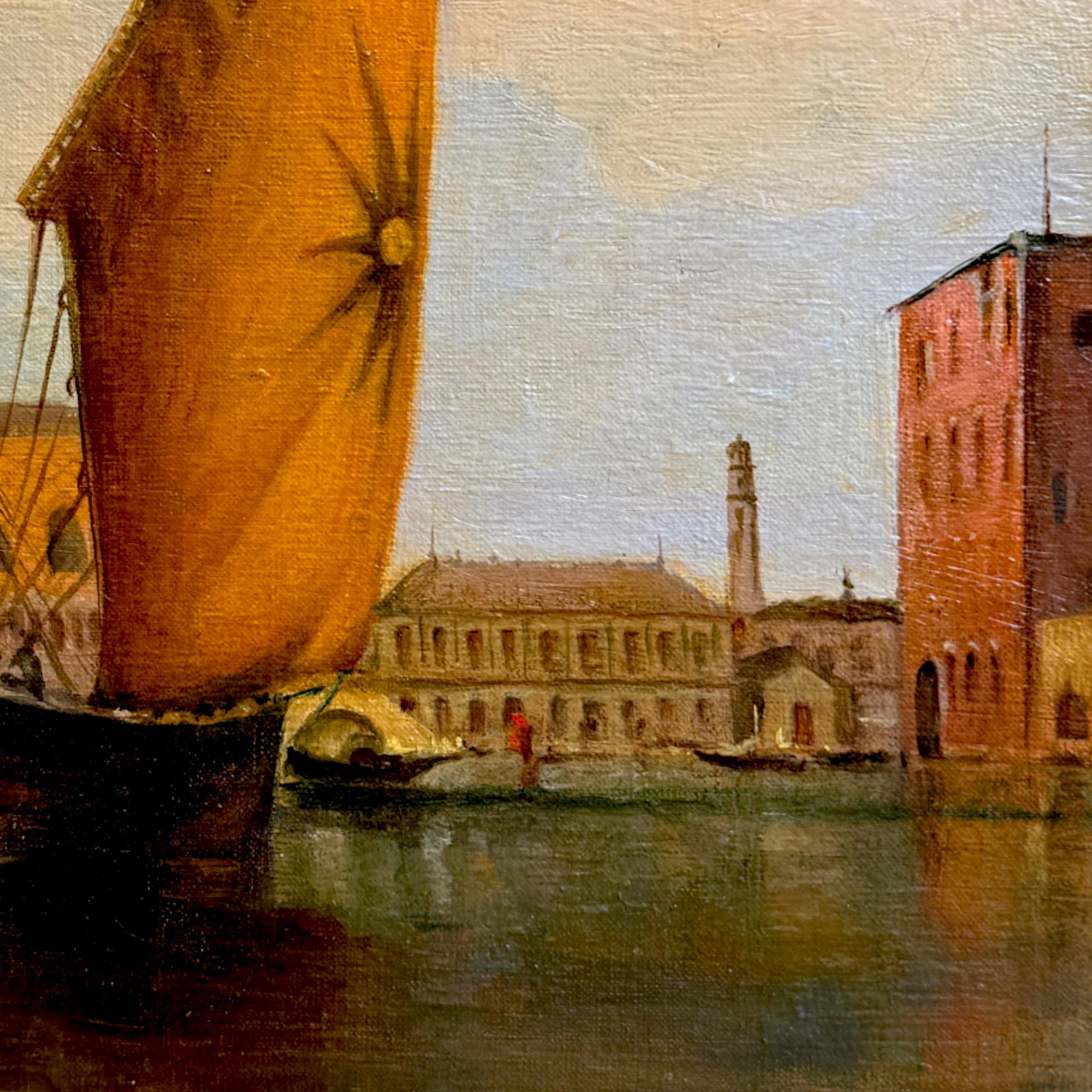 Venetian Grand Canal Sonnenuntergang Szene - Gerahmte Ölgemälde auf Leinwand, 19. (19. Jahrhundert) im Angebot