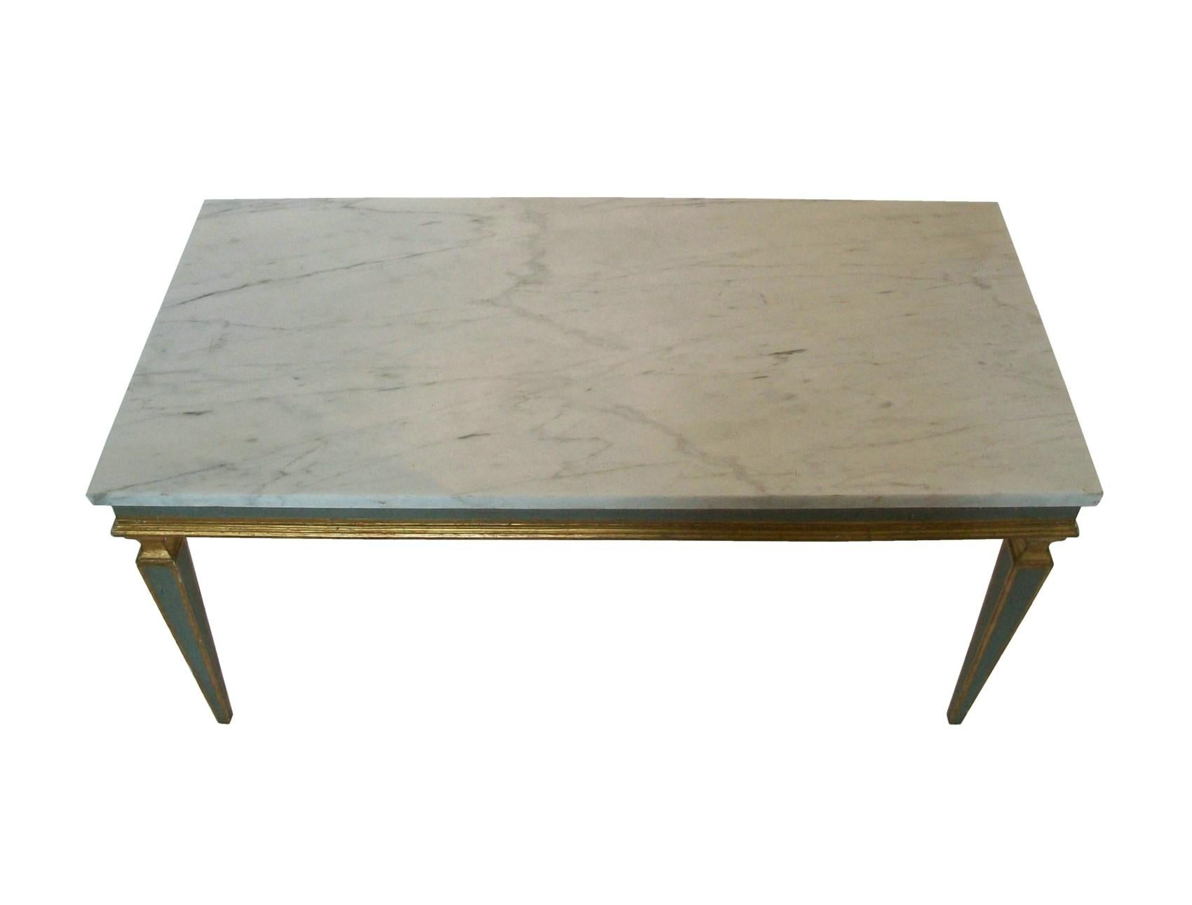 Neoclassical Revival Venetian Gray Painted & Parcel Gilt Coffee Table - Marble Top - Mid 20th Century For Sale