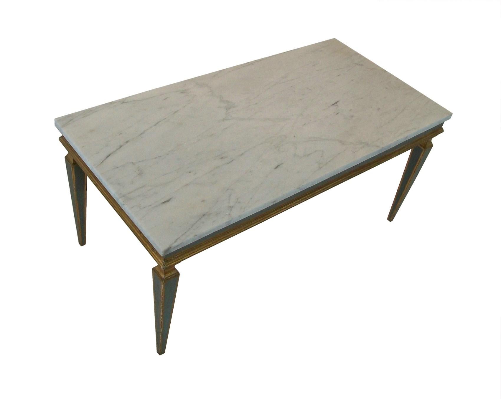 Italian Venetian Gray Painted & Parcel Gilt Coffee Table - Marble Top - Mid 20th Century For Sale