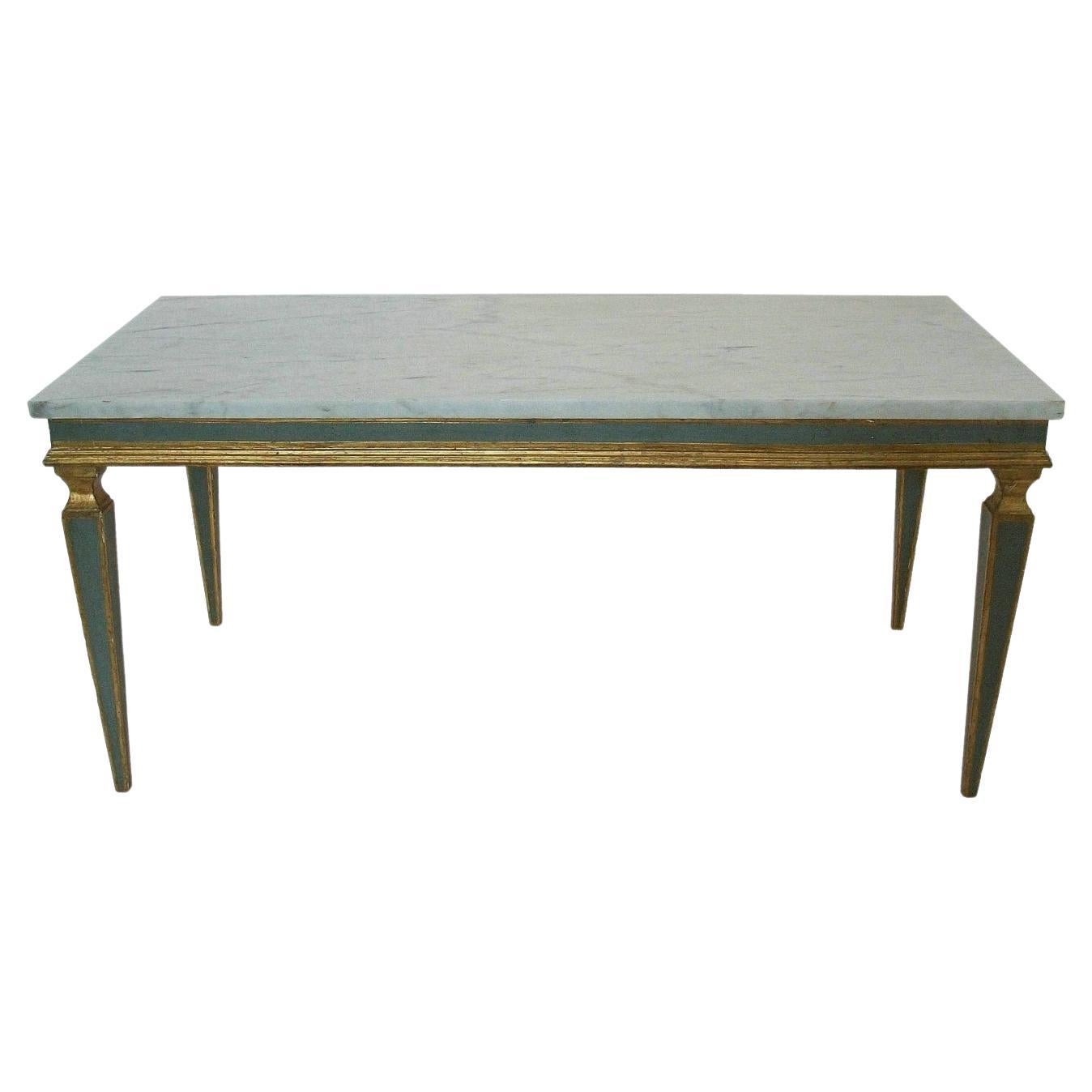Venetian Gray Painted & Parcel Gilt Coffee Table - Marble Top - Mid 20th Century For Sale