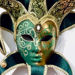 Venetian Green and Gold Modern Mask with Jester Collar and Bells