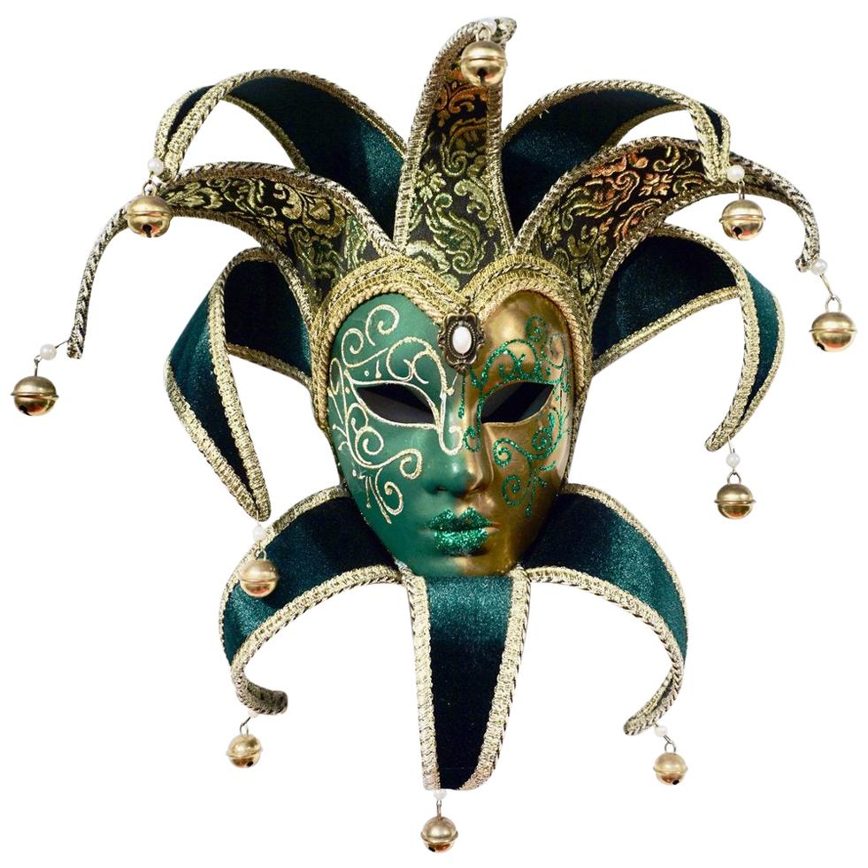 Venetian Green and Gold Modern Mask with Jester Collar and Bells