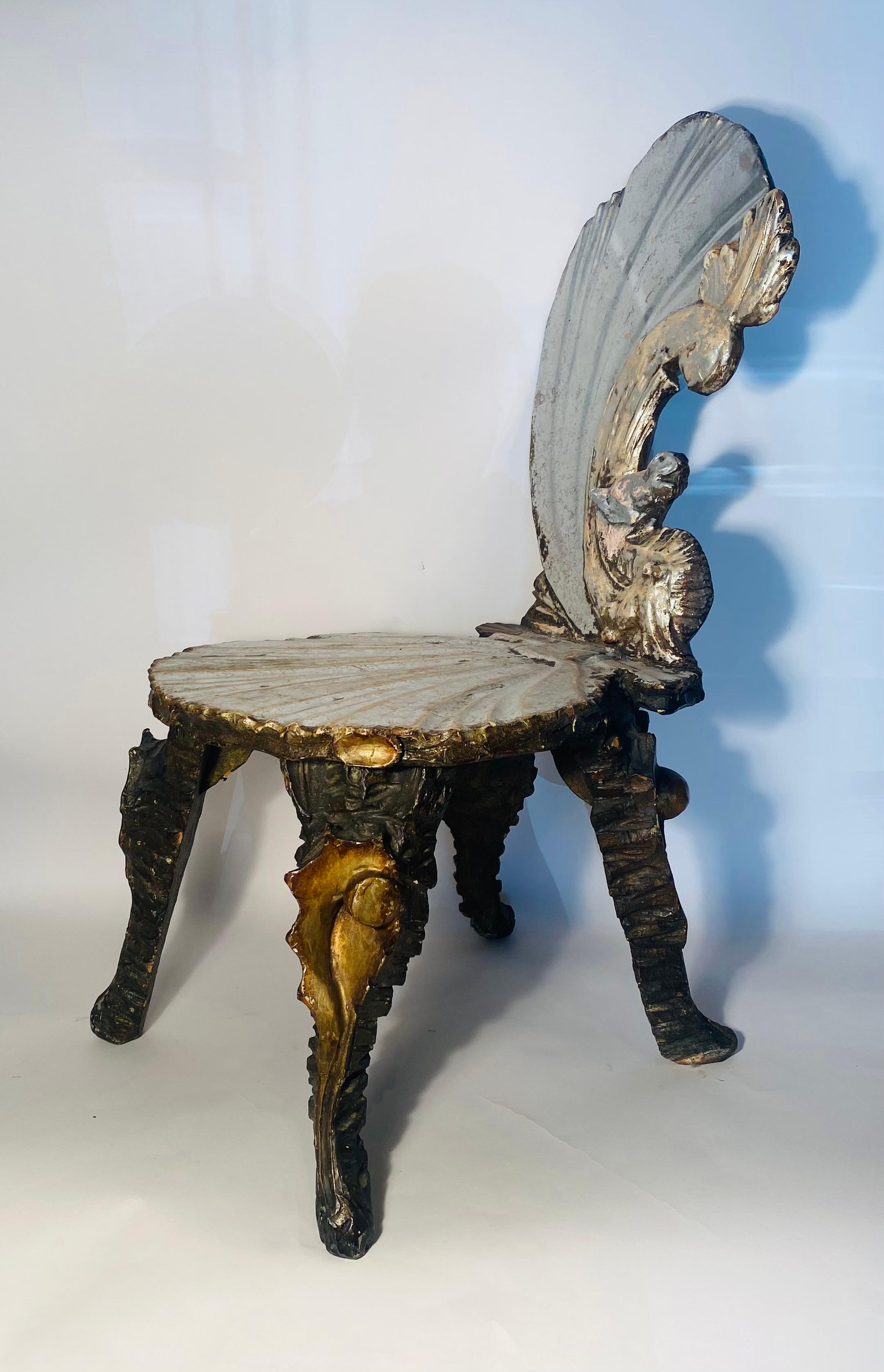 Baroque Venetian Grotto Chair, Late 18th or Early 19th Century Silvered Seahorse Back For Sale