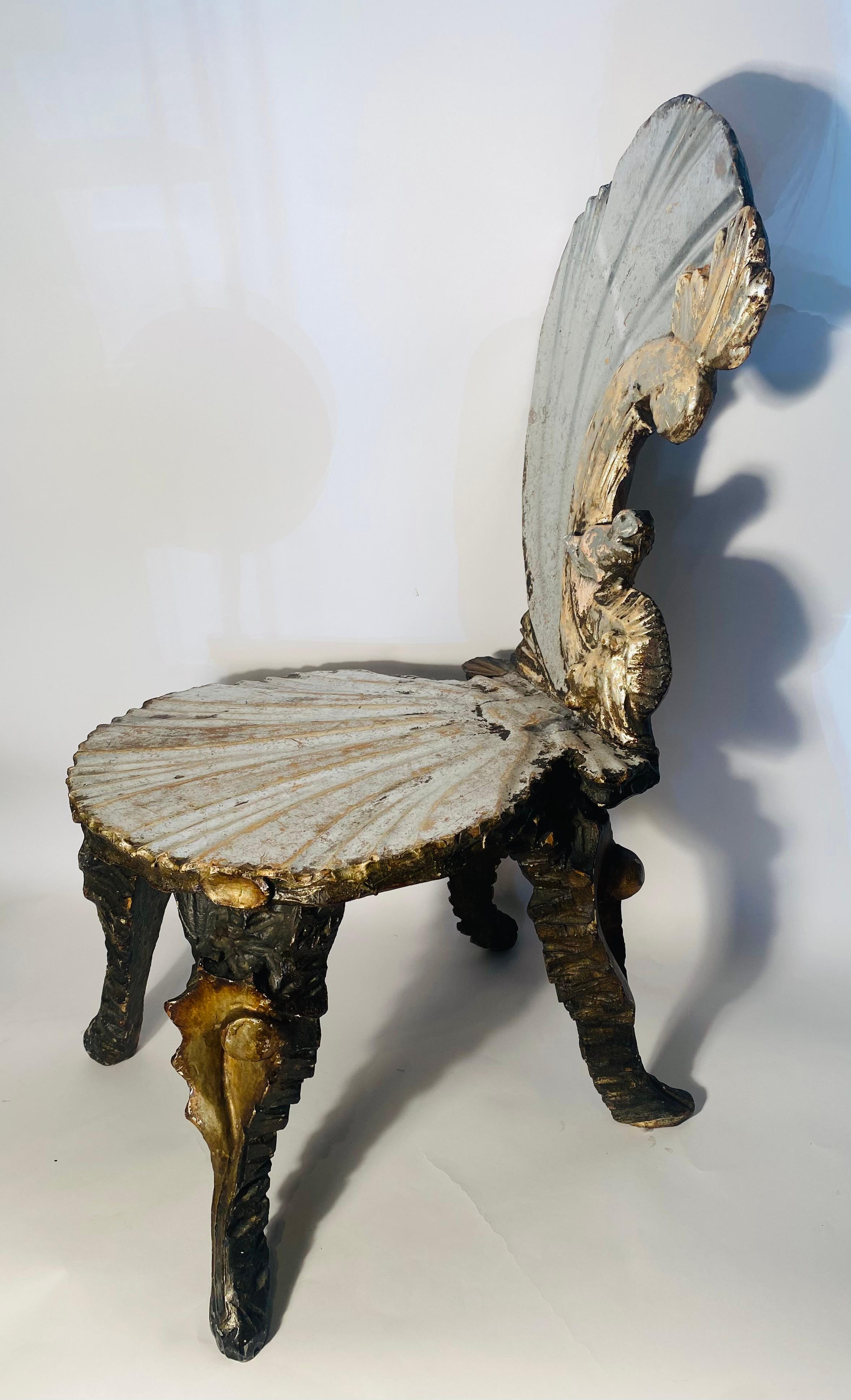 Italian Venetian Grotto Chair, Late 18th or Early 19th Century Silvered Seahorse Back For Sale