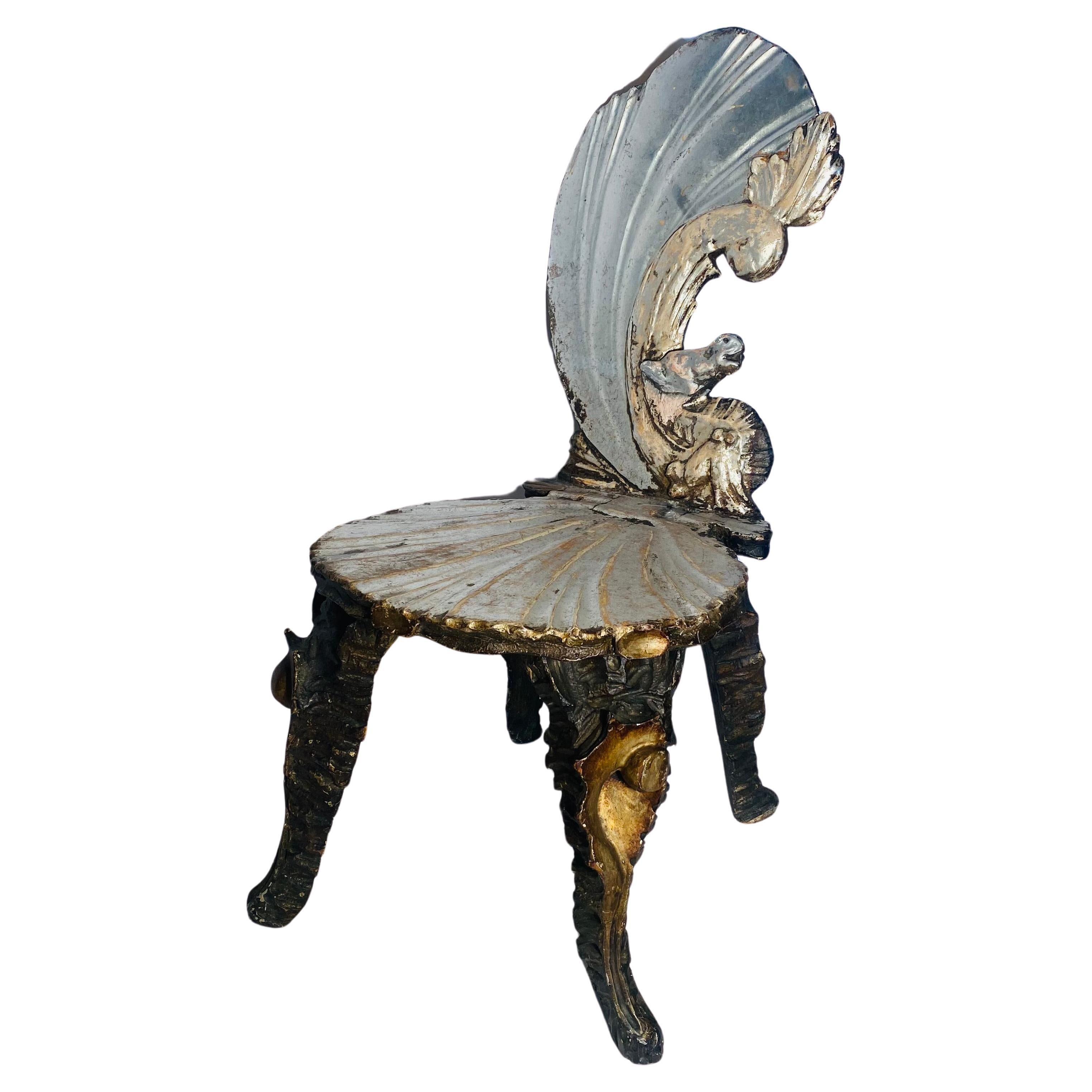 Venetian Grotto Chair, Late 18th or Early 19th Century Silvered Seahorse Back