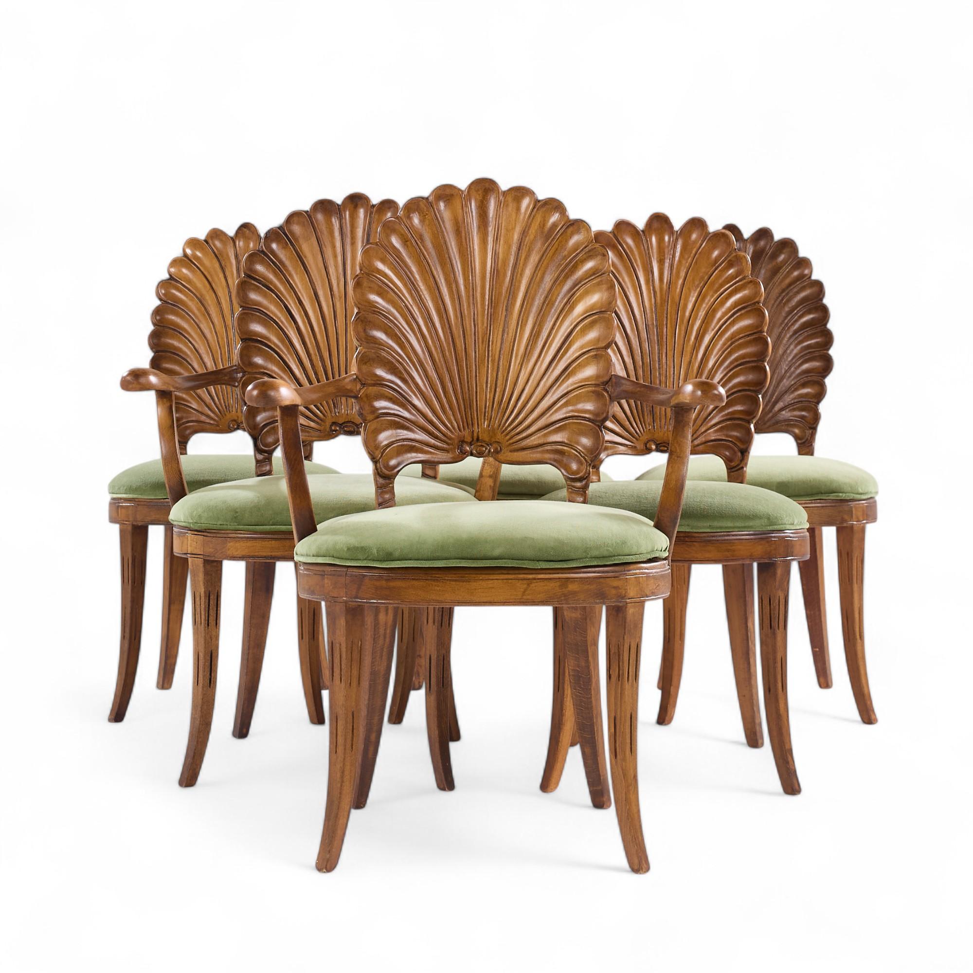 Venetian Grotto Hollywood Regency Style Scalloped Shell Back Dining Chairs - Set of 6

Each armless chair measures: 18.5 wide x 21.5 deep x 37.5 high, with a seat height of 19 inches
Each captains chair measures: 26.25 wide x 24 deep x 38.5 high,