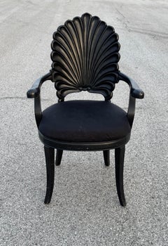 Venetian Grotto Style Scalloped Black Painted Wood Shell Back Arm Desk Chair 70s