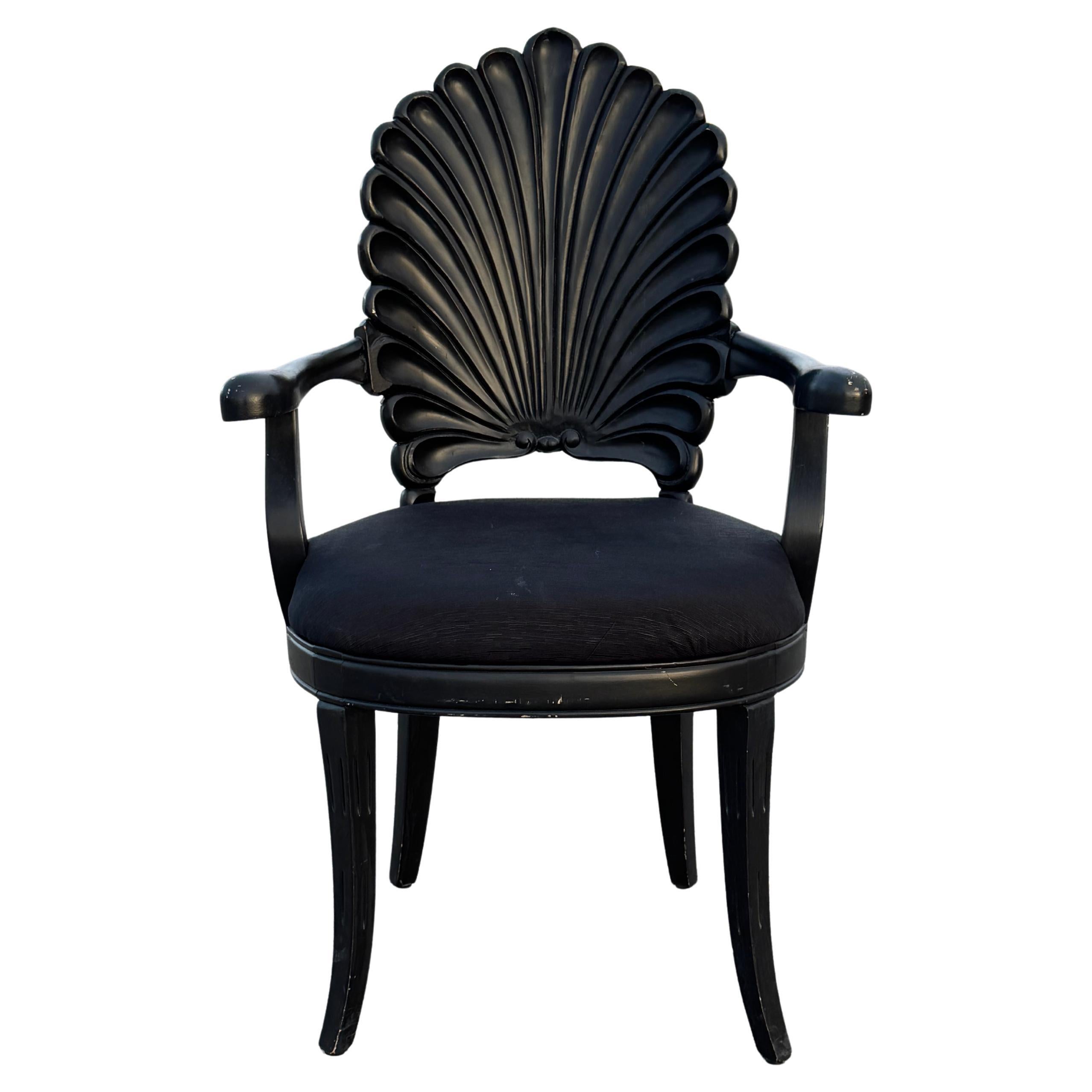 Venetian Grotto Style Scalloped Black Painted Wood Shell Back Arm Desk Chair 70s