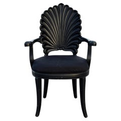 Venetian Grotto Style Scalloped Black Painted Wood Shell Back Arm Desk Chair 70s