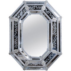 Venetian Hand Etched Mirror in Octagonal Shape with Glass Borders and Flowers