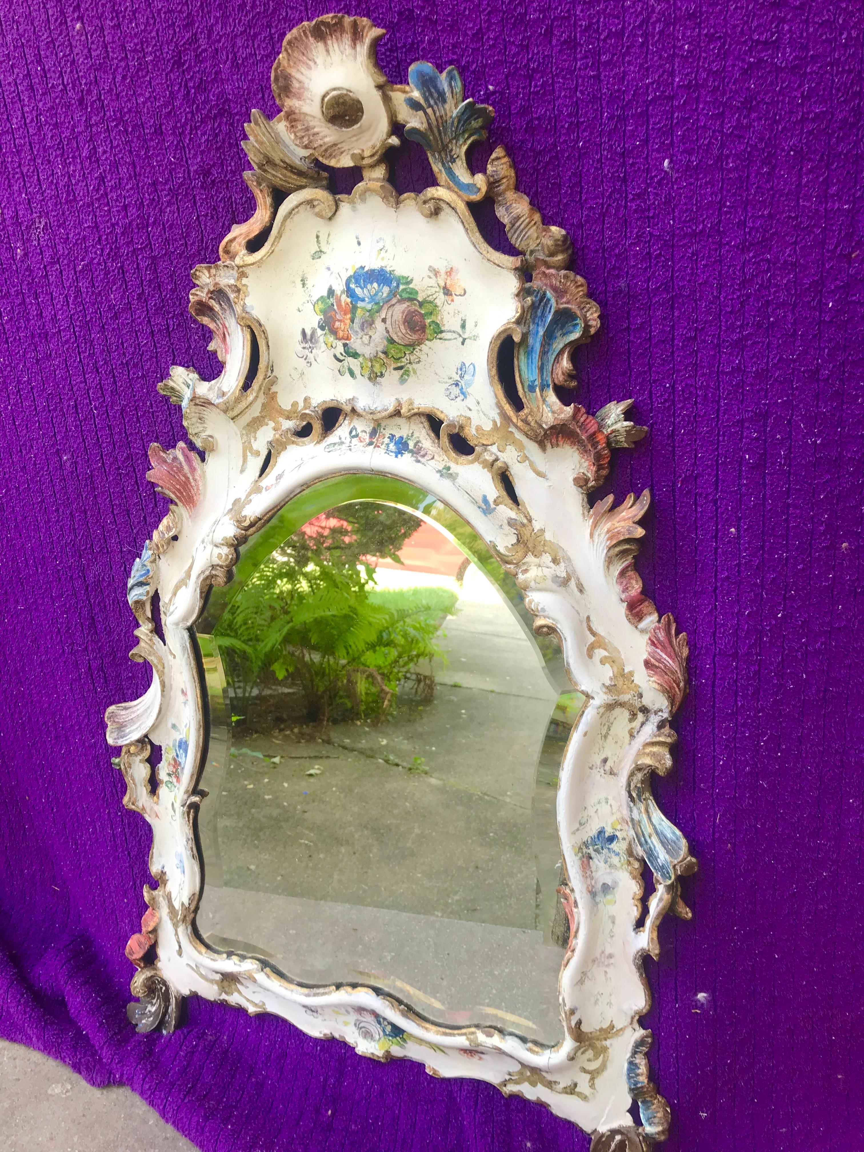 Venetian Hand Painted and Carved Floral Decorated Wall Mirror For Sale 7