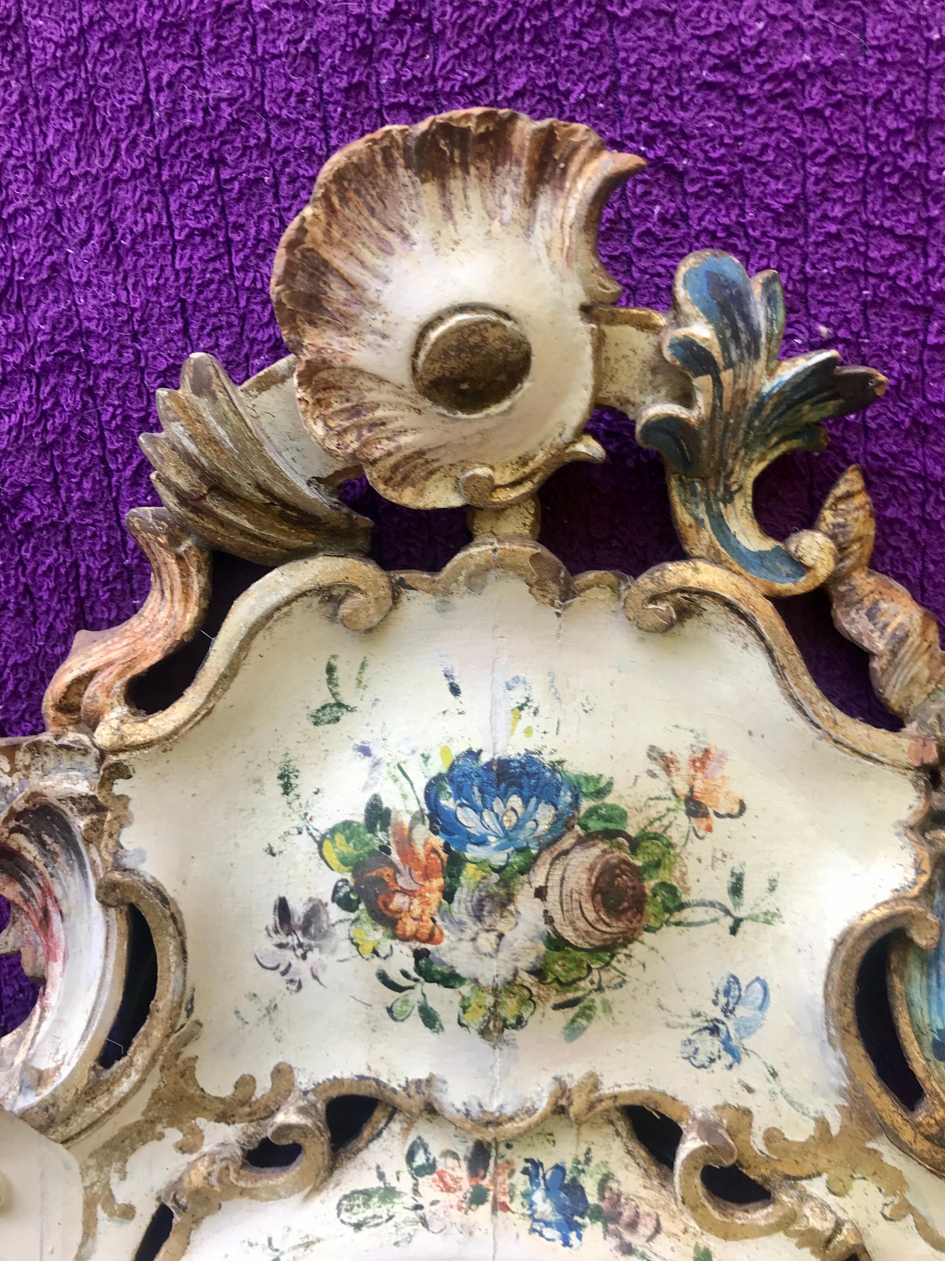 Italian Venetian Hand Painted and Carved Floral Decorated Wall Mirror For Sale