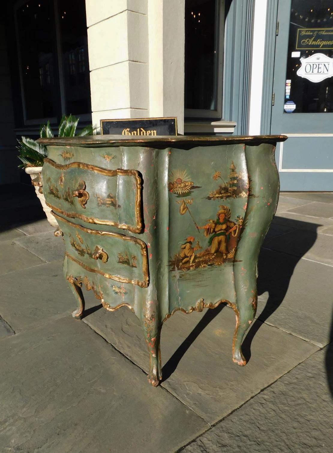 Venetian Hand Painted and Gilt Figural Pagoda Two Drawer Commode, Circa 1780 For Sale 2