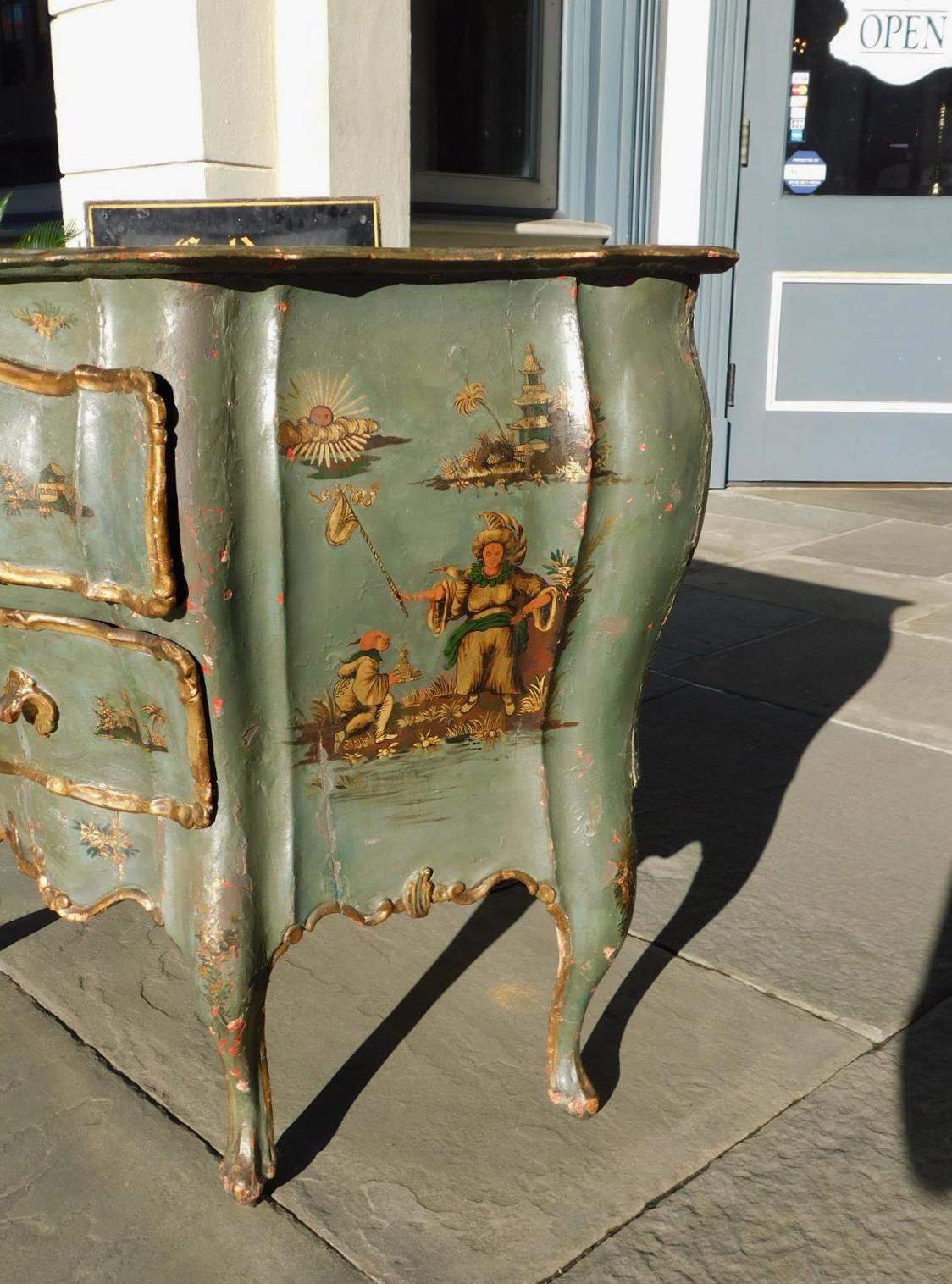 Venetian Hand Painted and Gilt Figural Pagoda Two Drawer Commode, Circa 1780 For Sale 3