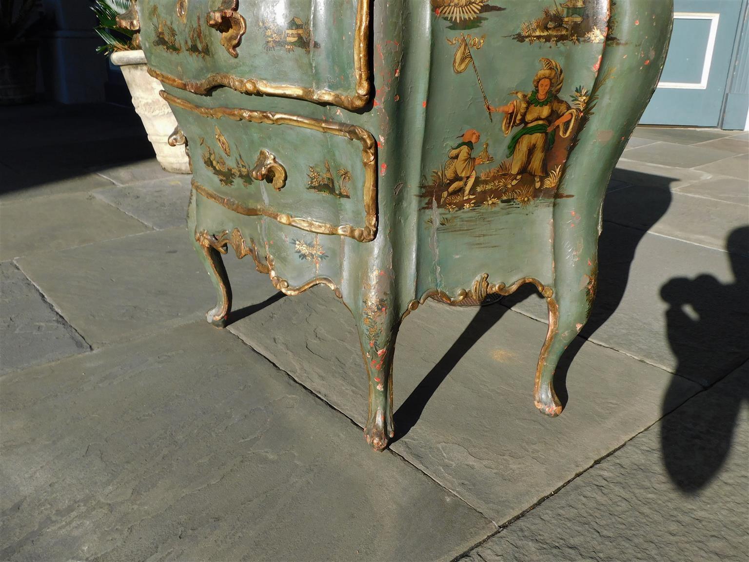 Venetian Hand Painted and Gilt Figural Pagoda Two Drawer Commode, Circa 1780 For Sale 4