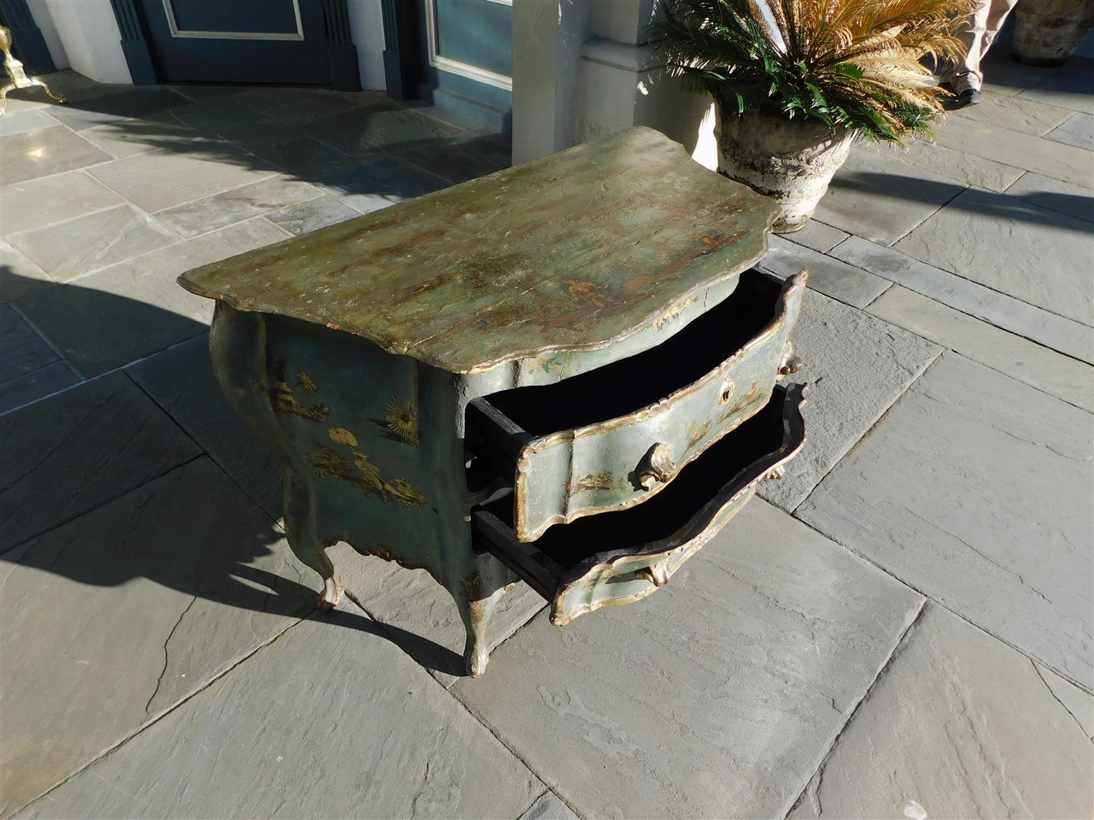 Venetian Hand Painted and Gilt Figural Pagoda Two Drawer Commode, Circa 1780 For Sale 5