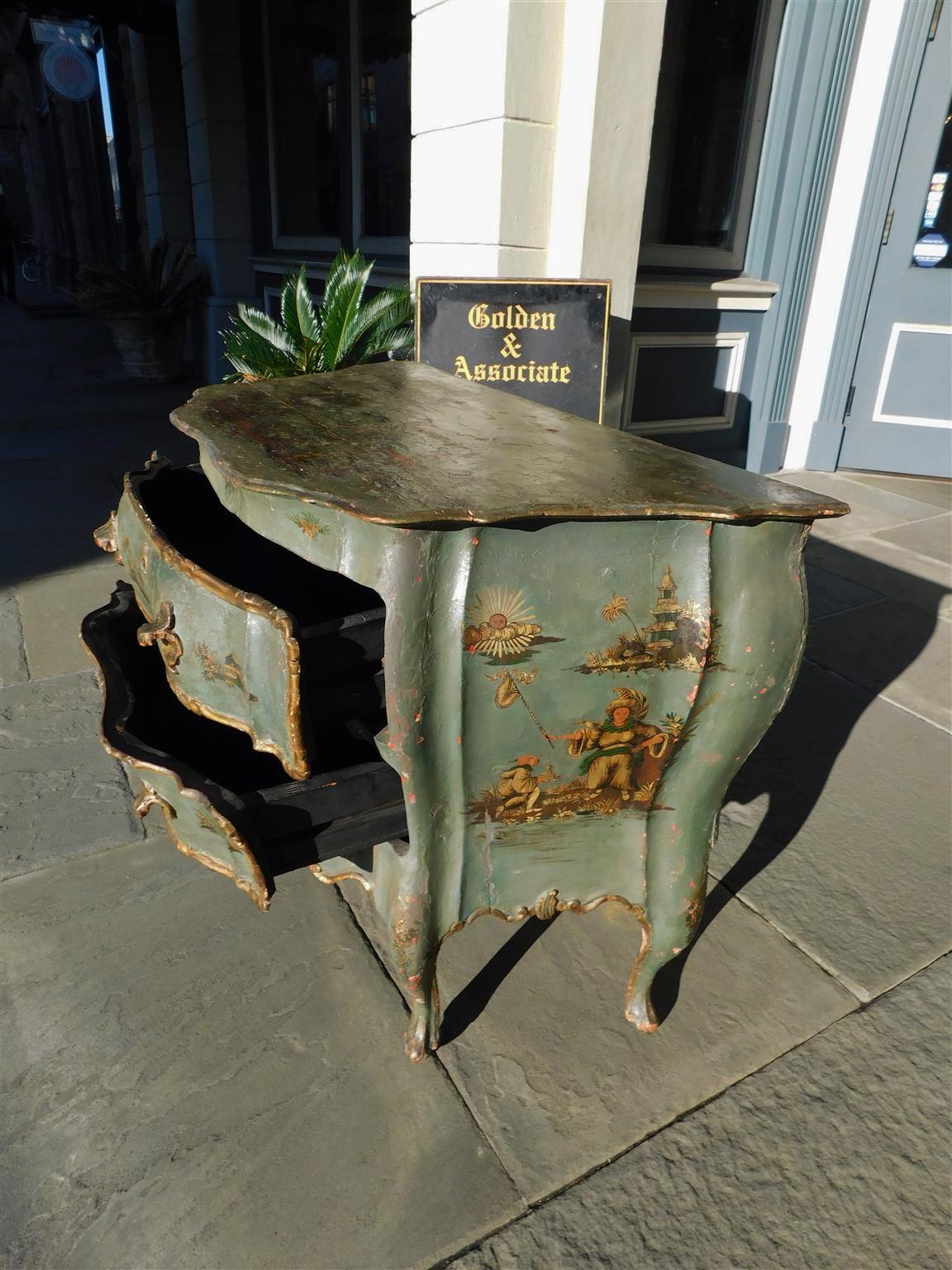 Venetian Hand Painted and Gilt Figural Pagoda Two Drawer Commode, Circa 1780 For Sale 6
