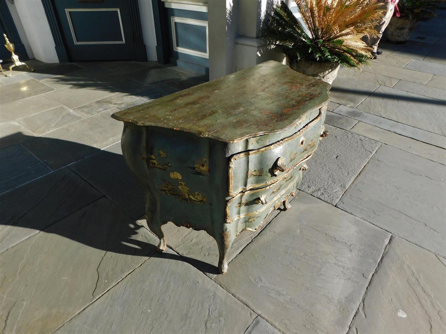 Neoclassical Venetian Hand Painted and Gilt Figural Pagoda Two Drawer Commode, Circa 1780 For Sale