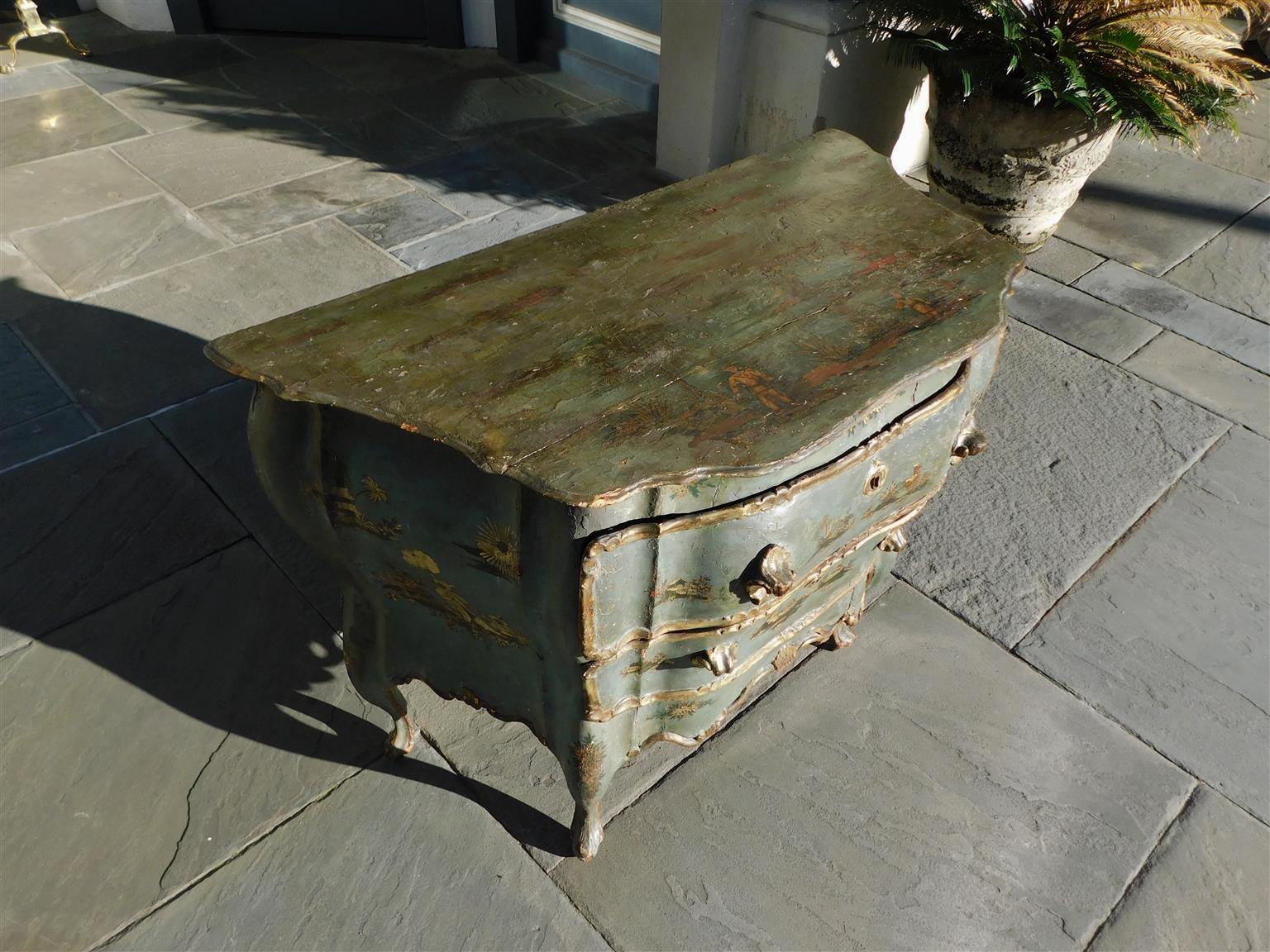 Hand-Carved Venetian Hand Painted and Gilt Figural Pagoda Two Drawer Commode, Circa 1780 For Sale