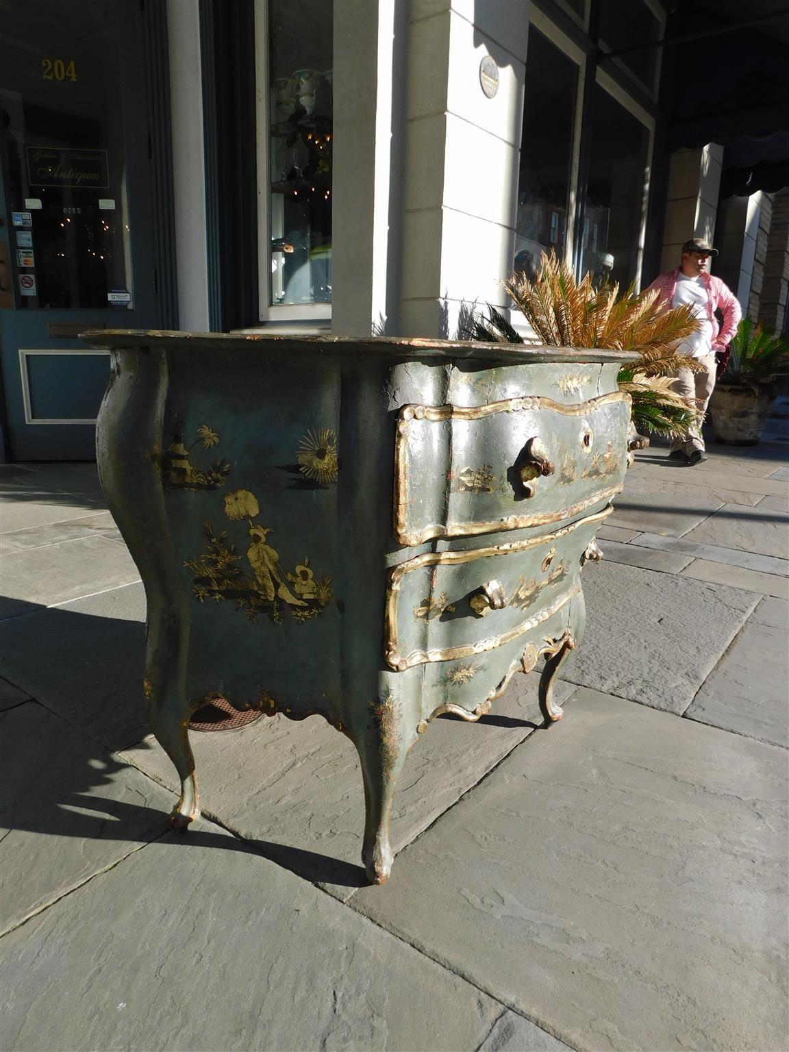 Venetian Hand Painted and Gilt Figural Pagoda Two Drawer Commode, Circa 1780 In Good Condition For Sale In Hollywood, SC