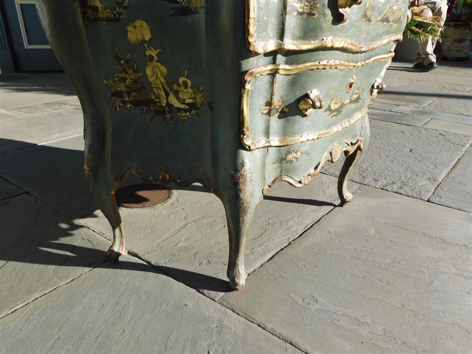 Late 18th Century Venetian Hand Painted and Gilt Figural Pagoda Two Drawer Commode, Circa 1780 For Sale