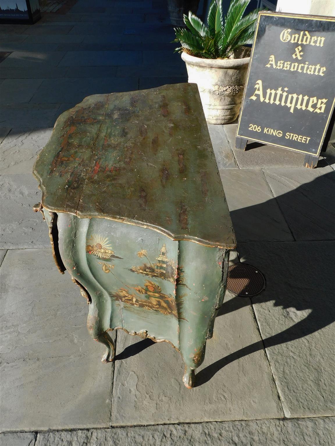 Wood Venetian Hand Painted and Gilt Figural Pagoda Two Drawer Commode, Circa 1780 For Sale