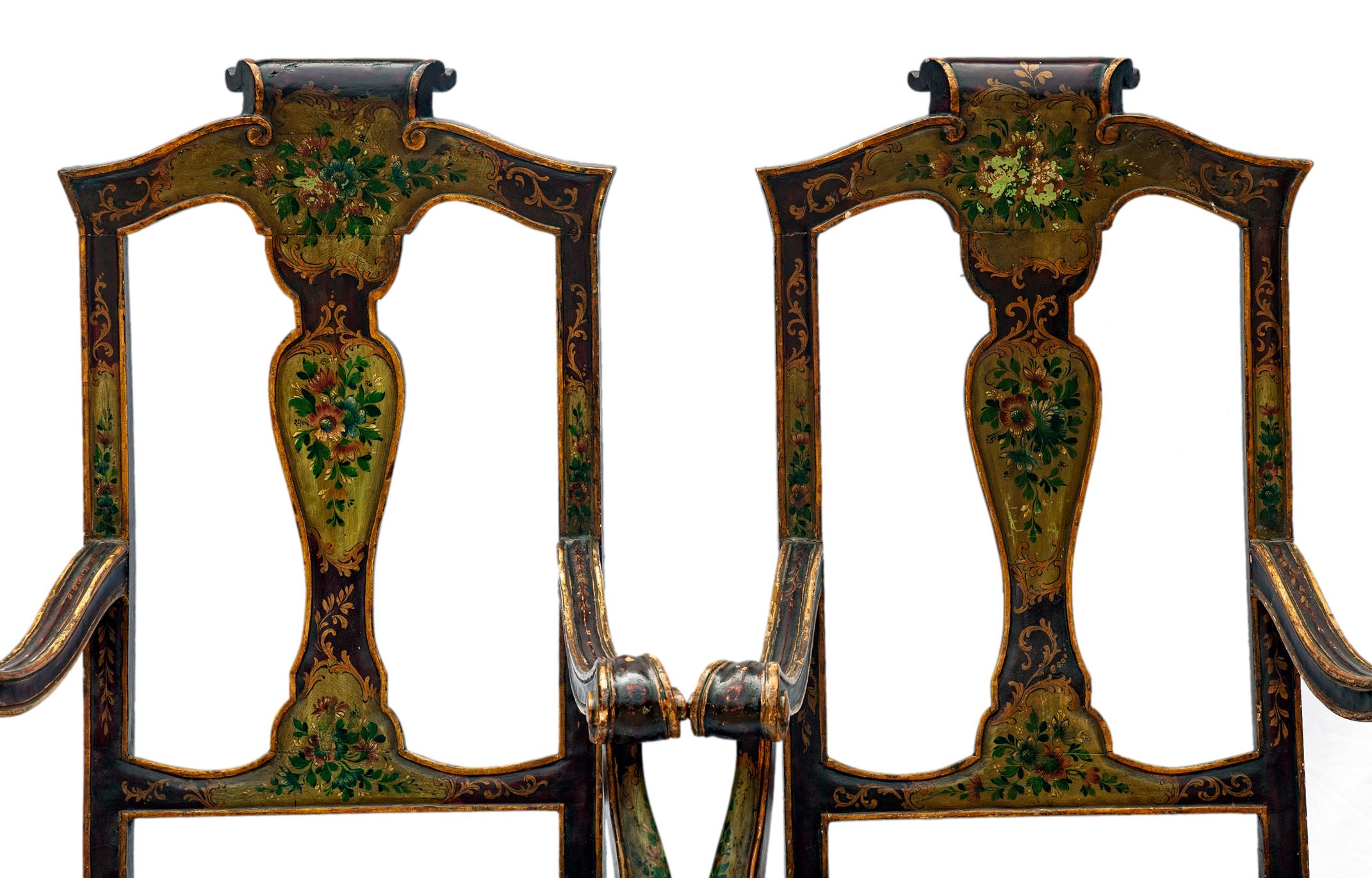 XIXe siècle Fauteuils rococo vénitiens peints à la main et cannés ; une paire en vente