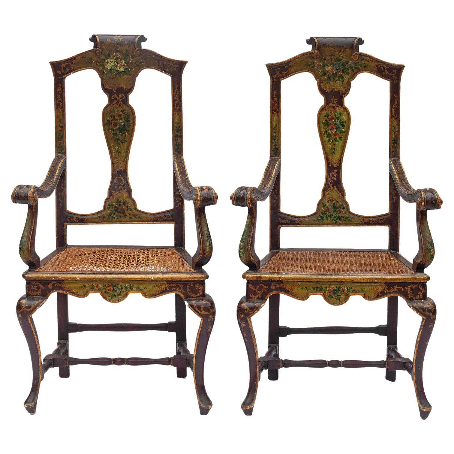 Venetian Hand Painted & Caned Rococo Armchairs; a pair