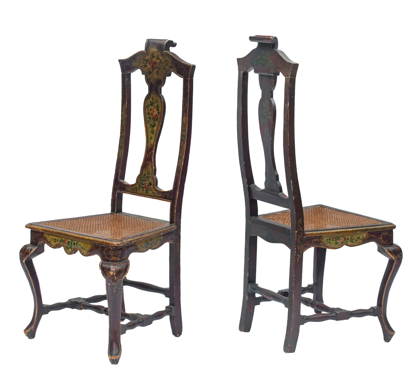 Venetian caned side chairs with fine painting from the 18th/ early 19th century. This pair features a shapely wood back with decorative top rail with original intricately painted floral motif throughout. The chairs are presented upon cabriole legs