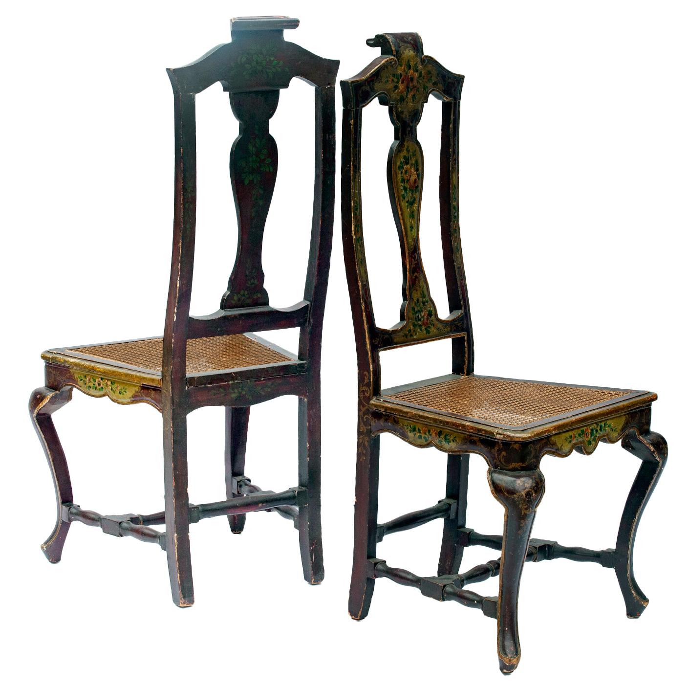 Hand-Crafted Venetian Hand Painted & Caned Rococo Side Chairs; a pair