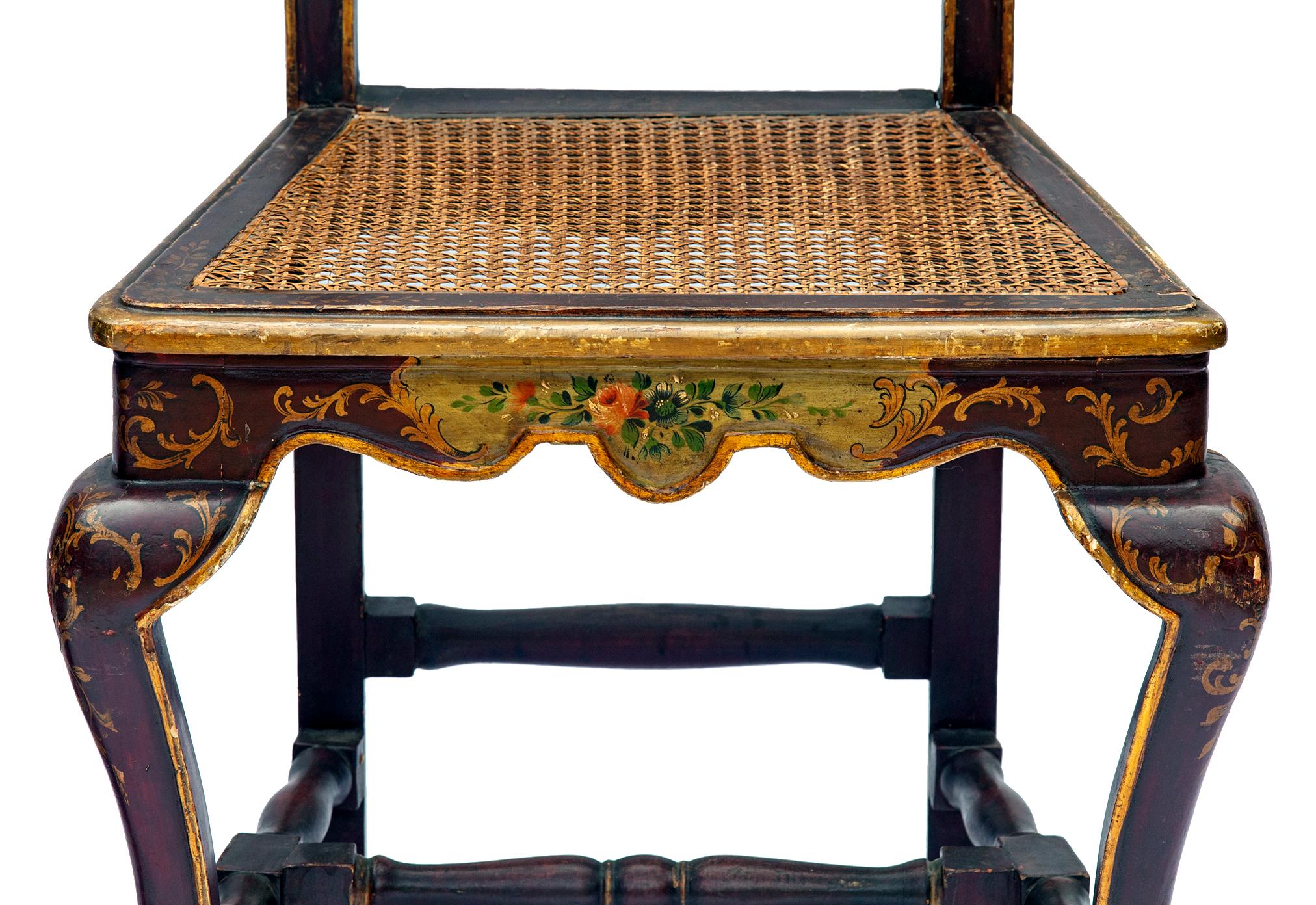 Venetian Hand Painted & Caned Rococo Side Chairs; a pair In Good Condition In Malibu, CA