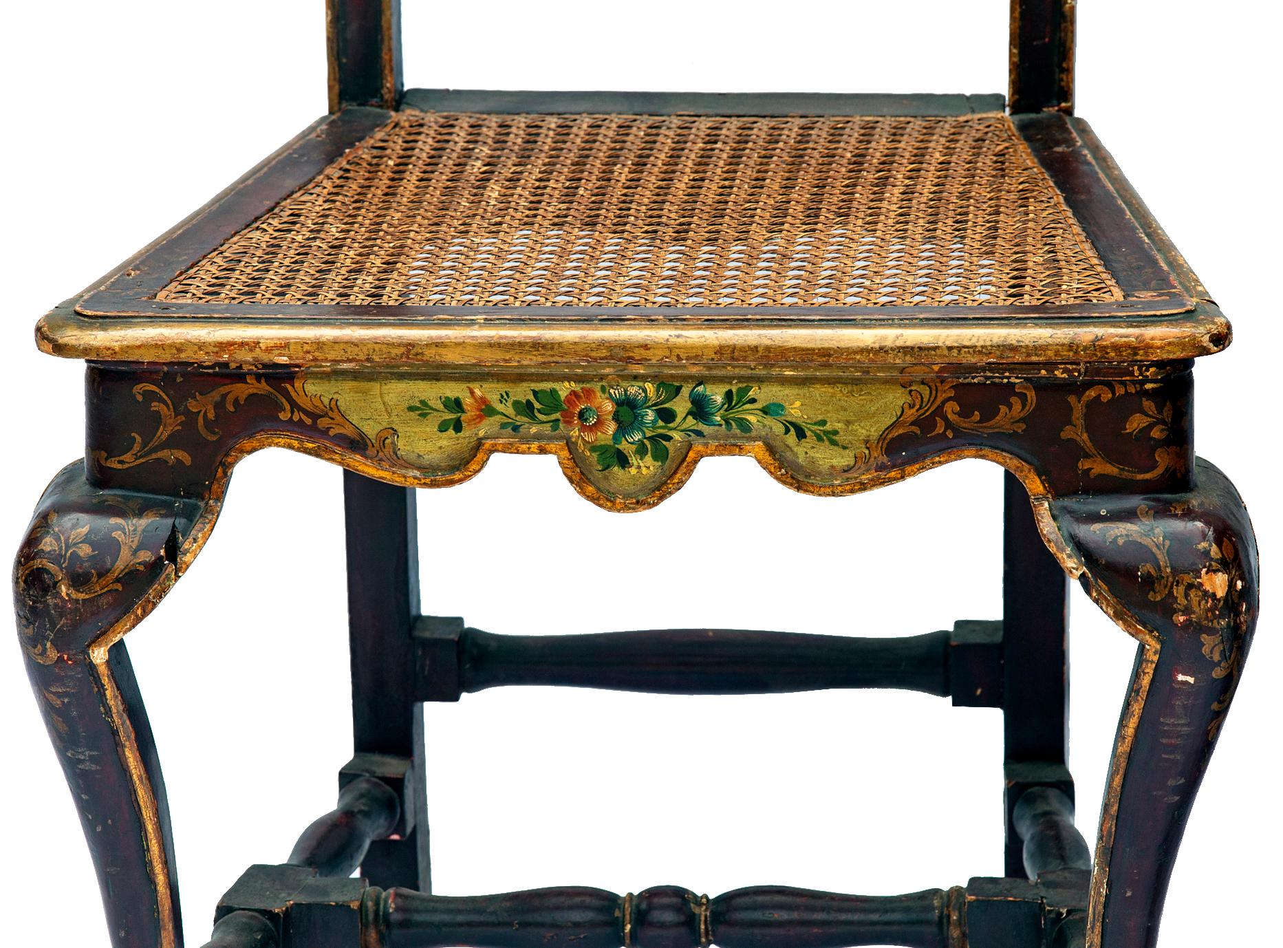 18th Century Venetian Hand Painted & Caned Rococo Side Chairs; a pair
