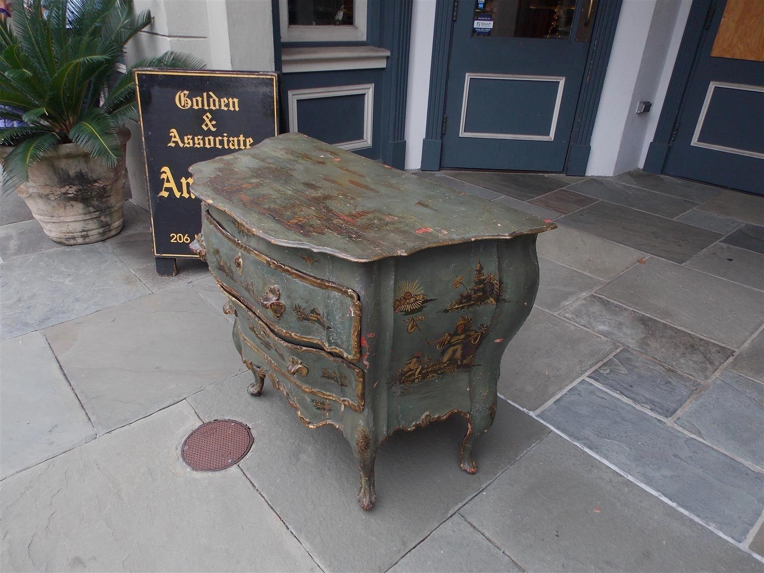 Neoclassical Venetian Hand Painted and Gilt Figural Pagoda Two Drawer Commode, Circa 1780