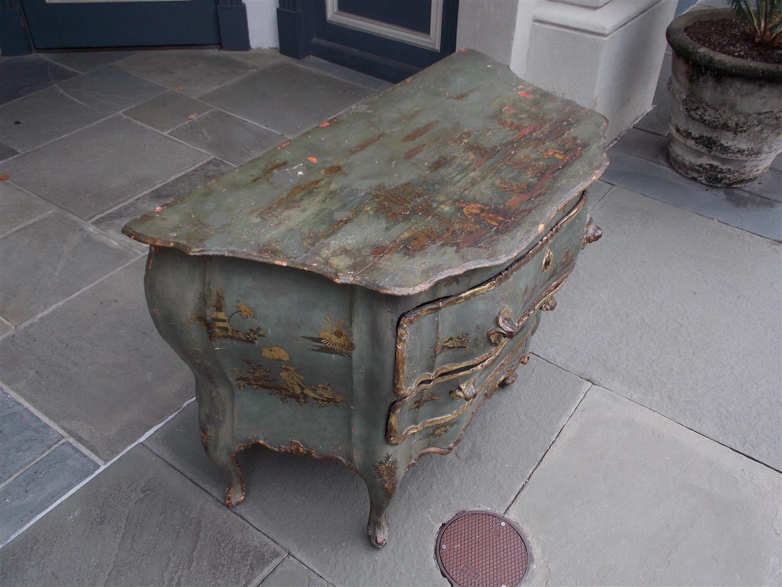 Venetian Hand Painted and Gilt Figural Pagoda Two Drawer Commode, Circa 1780 In Good Condition In Hollywood, SC