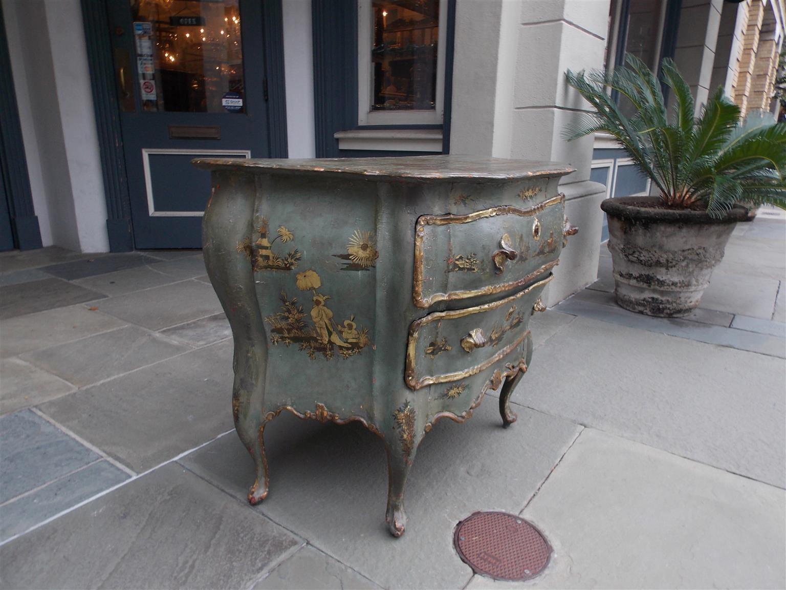 Late 18th Century Venetian Hand Painted and Gilt Figural Pagoda Two Drawer Commode, Circa 1780