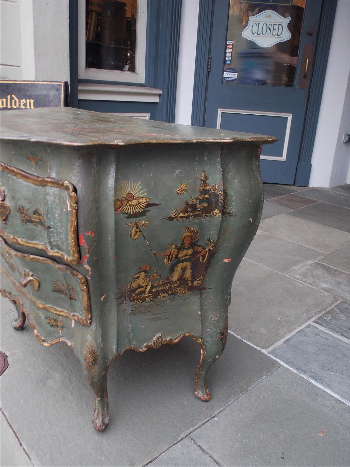 Venetian Hand Painted and Gilt Figural Pagoda Two Drawer Commode, Circa 1780 1