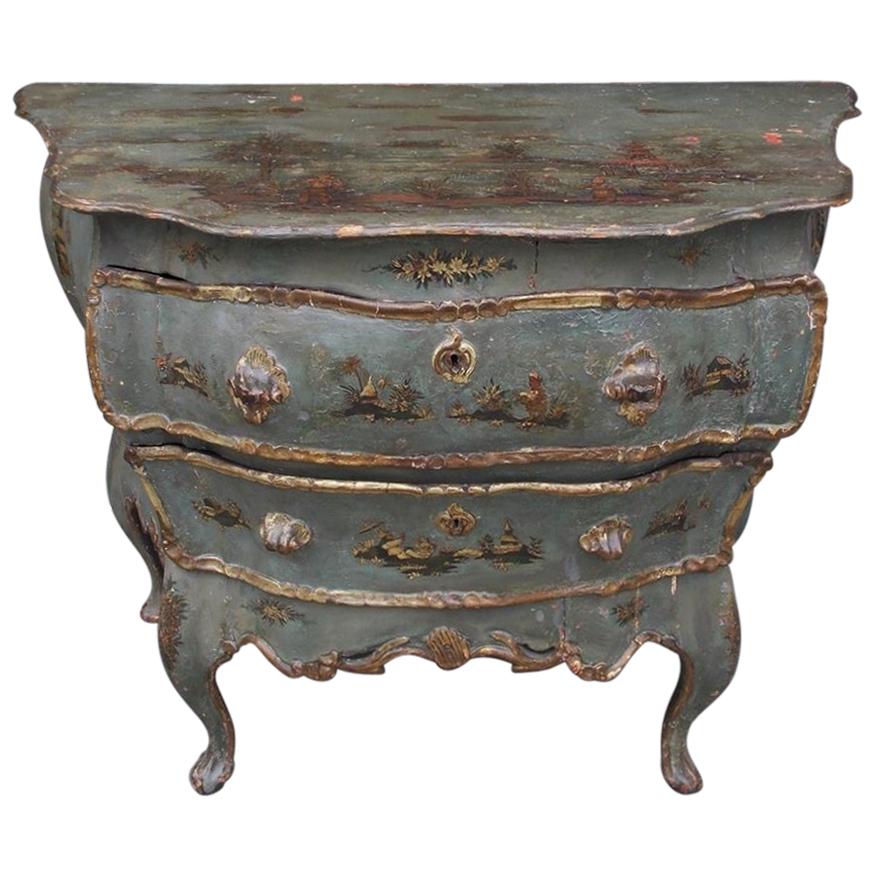 Venetian Hand Painted and Gilt Figural Pagoda Two Drawer Commode, Circa 1780