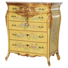 Venetian Hand Painted & Gilt Polychromed 5-Drawer Marble Top Dresser c1930