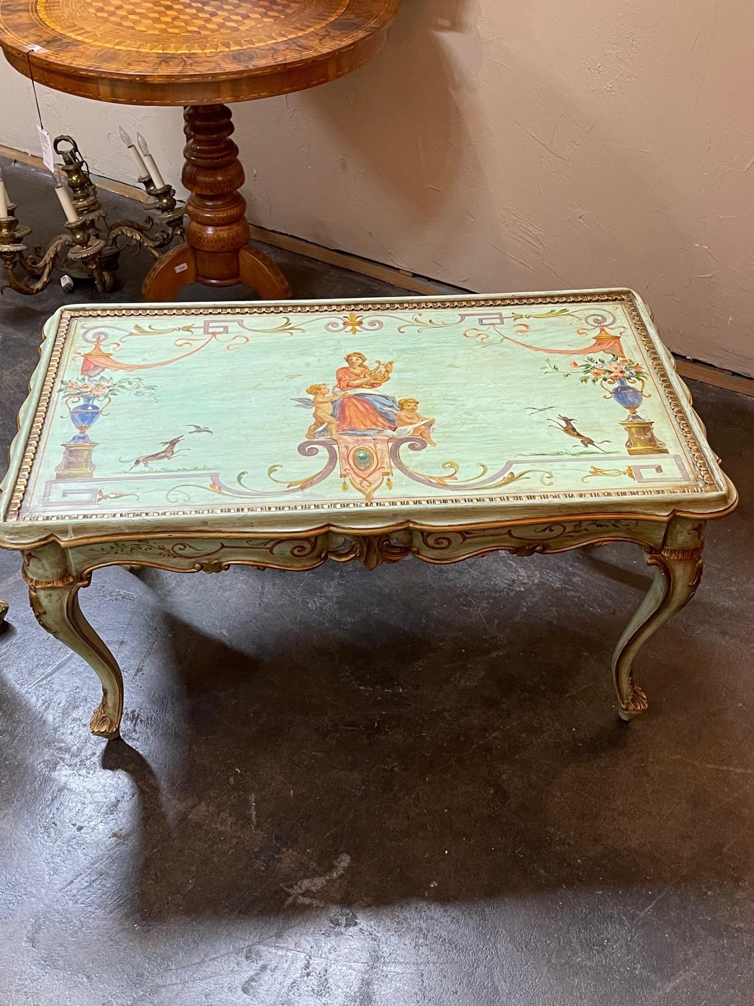Decorative antique Venetian low tables. Hand painted with classical designs in the colors of green, orange, blue and green. Nice shape and pretty carving as well. Note: price listed is for one.